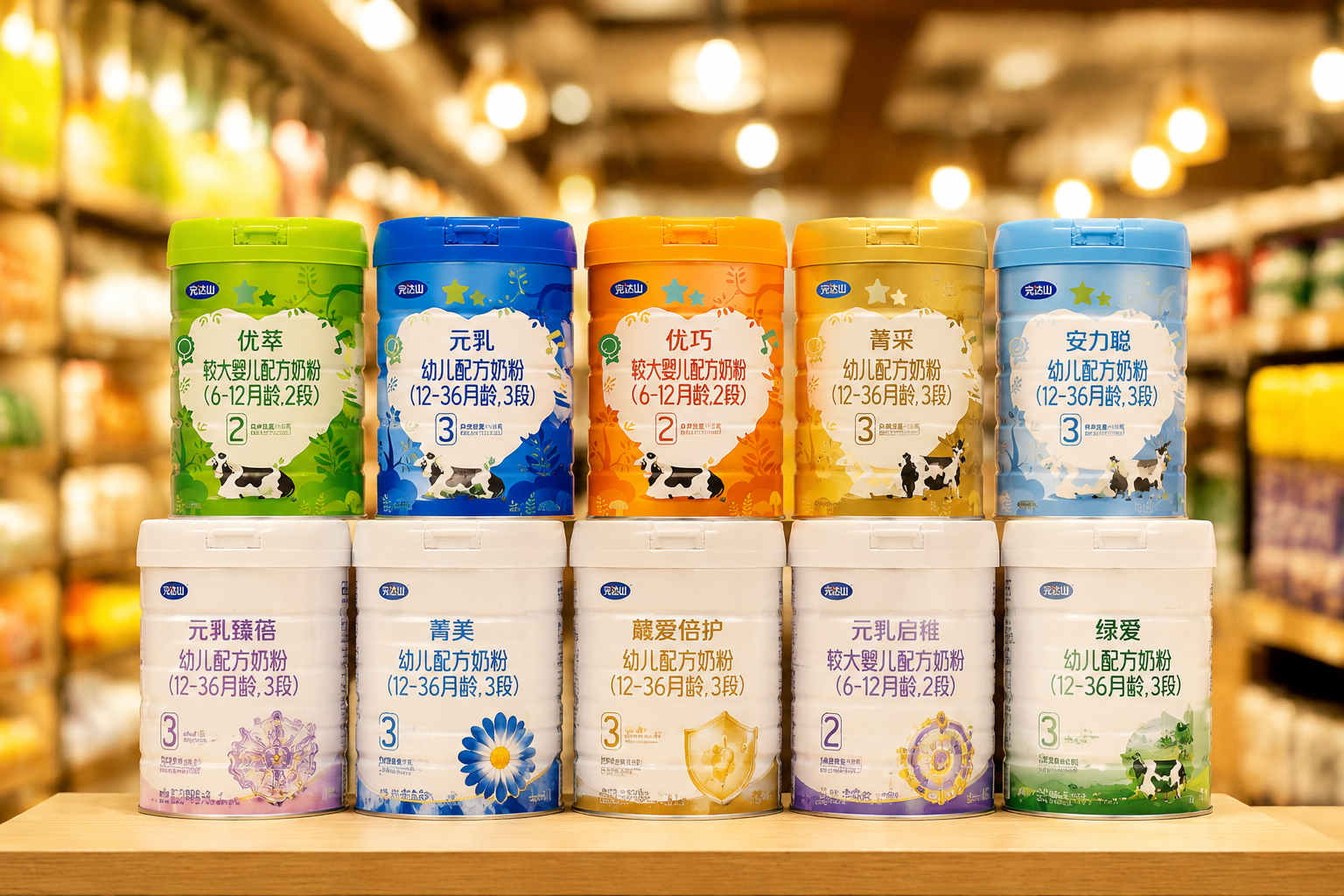 逼真的電商主圖風(fēng)格，超市木質(zhì)貨架上整齊排列著不同段數(shù)和系列的完達山奶粉罐，景深效果使得背景微微模糊，溫暖明亮的超市燈光聚焦在中間的產(chǎn)品上，展現(xiàn)產(chǎn)品矩陣。