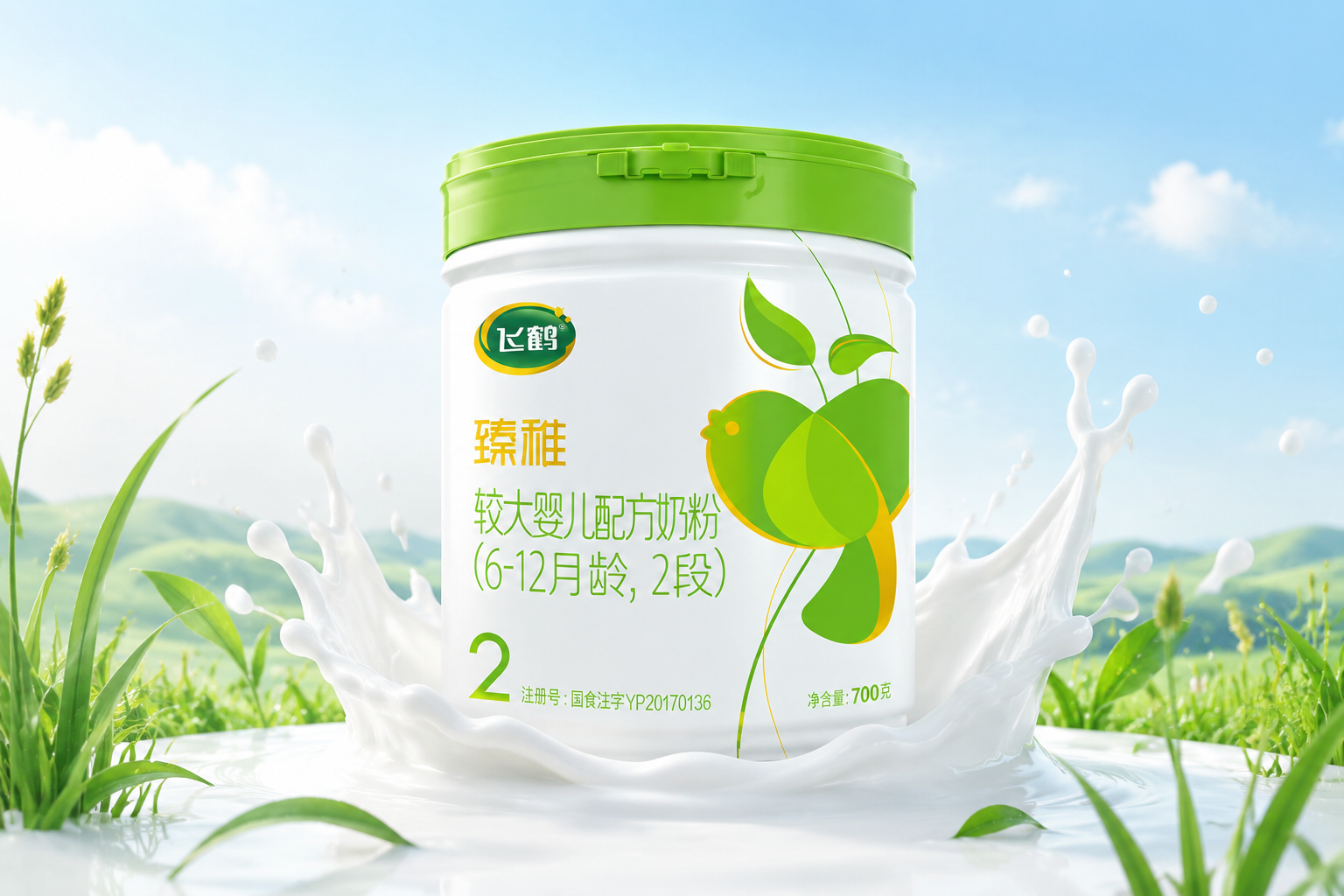 3D高清產(chǎn)品攝影，一罐高端有機嬰兒配方奶粉（以飛鶴臻稚包裝為靈感）放置在干凈整潔的明亮背景前，旁邊點綴著新鮮的牧草和純白色的牛奶飛濺效果，燈光柔和，展現(xiàn)出專業(yè)、安全、高端的母嬰產(chǎn)品質(zhì)感。