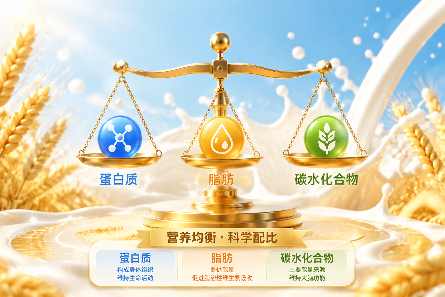 营养成分表概念图，天平上放着蛋白质、脂肪和碳水化合物的图标，背景是金色的麦穗和纯净的牛奶，色彩明亮，象征基础营养的均衡配比。
