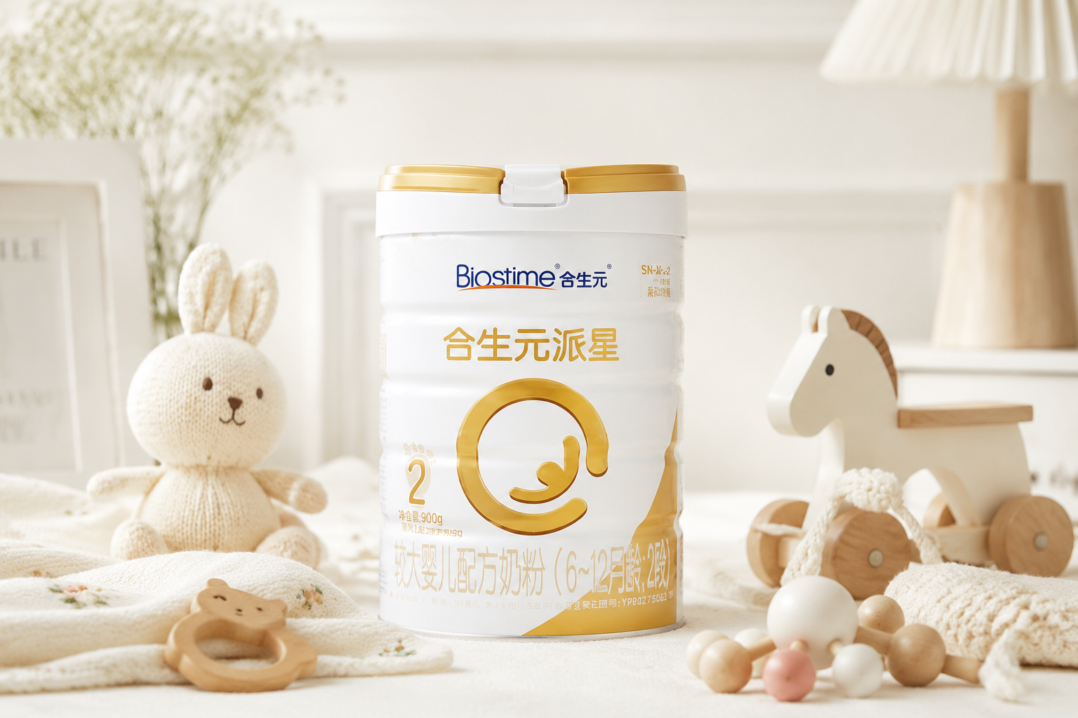 一张高端母婴博主风格的产品展示图。画面中央是合生元派星奶粉的罐子，周围布置着温馨的婴儿用品（如纯棉安抚巾、木质小玩具），光线柔和明亮，背景为法式极简风格的浅色调，突出高端、纯净和专业的测评氛围。