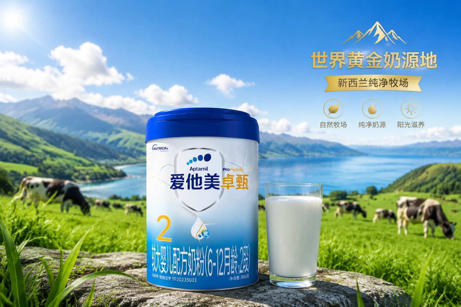 逼真的新西兰纯净牧场风景图，绿草如茵，南太平洋的阳光明媚。前景融合爱他美奶粉罐，旁边有一杯纯净的牛奶，画面传达出“世界黄金奶源地”、“无污染自然环境”的清新感。