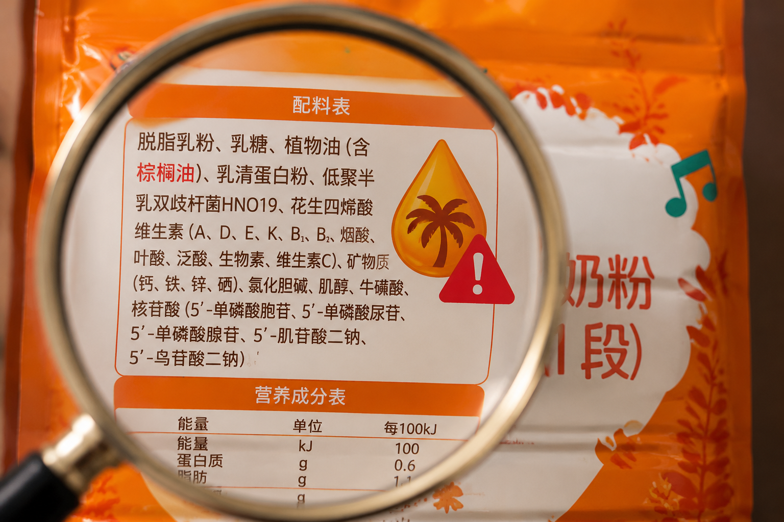 一个放大镜聚焦在奶粉包装袋的配料表上，放大镜内凸显出一滴“棕榈油”的图标，带有轻微的警告提示感，清晰的微距摄影，警示风格。