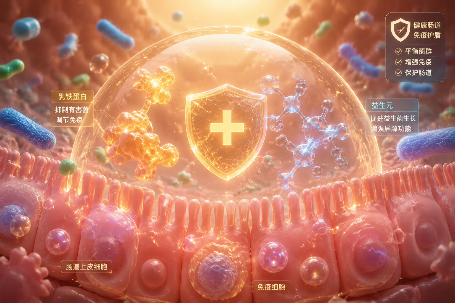 3D微觀視角下的健康腸道菌群與免疫護(hù)盾概念圖，發(fā)光的乳鐵蛋白分子和益生元分子在保護(hù)細(xì)胞，色彩溫暖，充滿科學(xué)感和生命力，C4D渲染