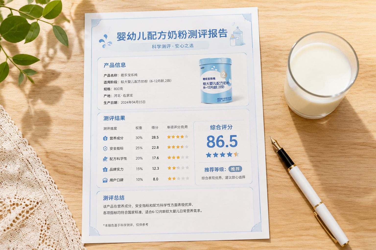一张写有“综合评分86.5”的精美测评报告单，旁边放着一支钢笔和一杯纯白色的牛奶，木质桌面，顶视角度，文艺清新风格，光线明亮。
