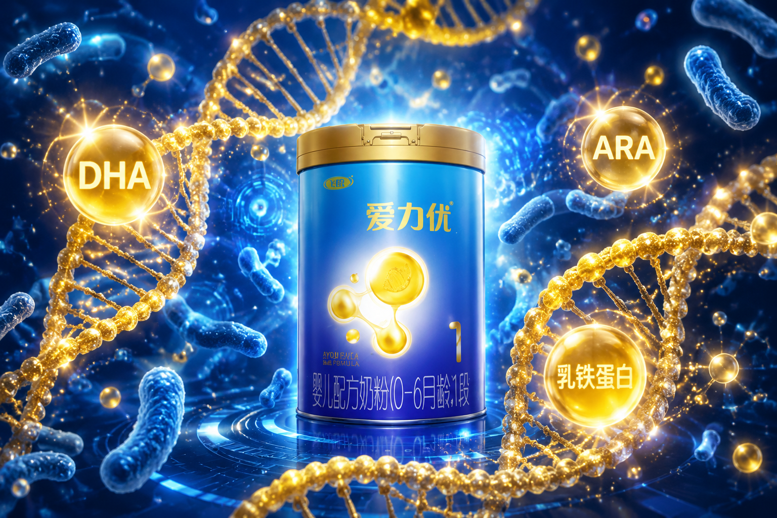 充满未来科技感的画面，金色的DNA双螺旋结构和蓝色的益生菌群在微观世界中交织，周围环绕着象征着DHA、ARA和乳铁蛋白的闪耀光点，突出高端强化配方。