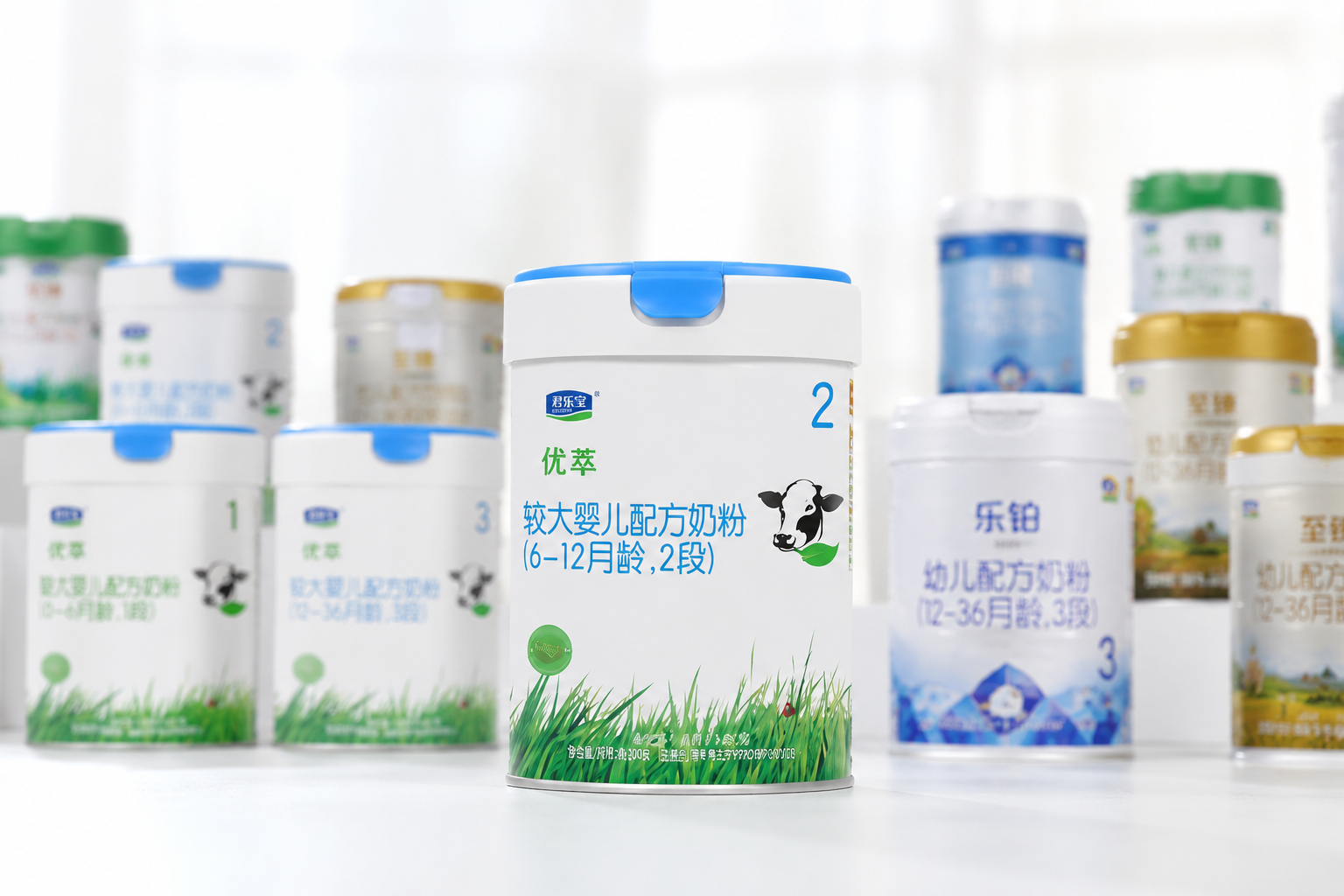 商业陈列摄影,以君乐宝优萃有机奶粉为中心,背景虚化展示同品牌的不同段数奶粉罐(1段、3段)以及其他系列(乐铂、至臻等)的模糊轮廓,体现出庞大且专业的品牌家族矩阵,灯光干净明亮。