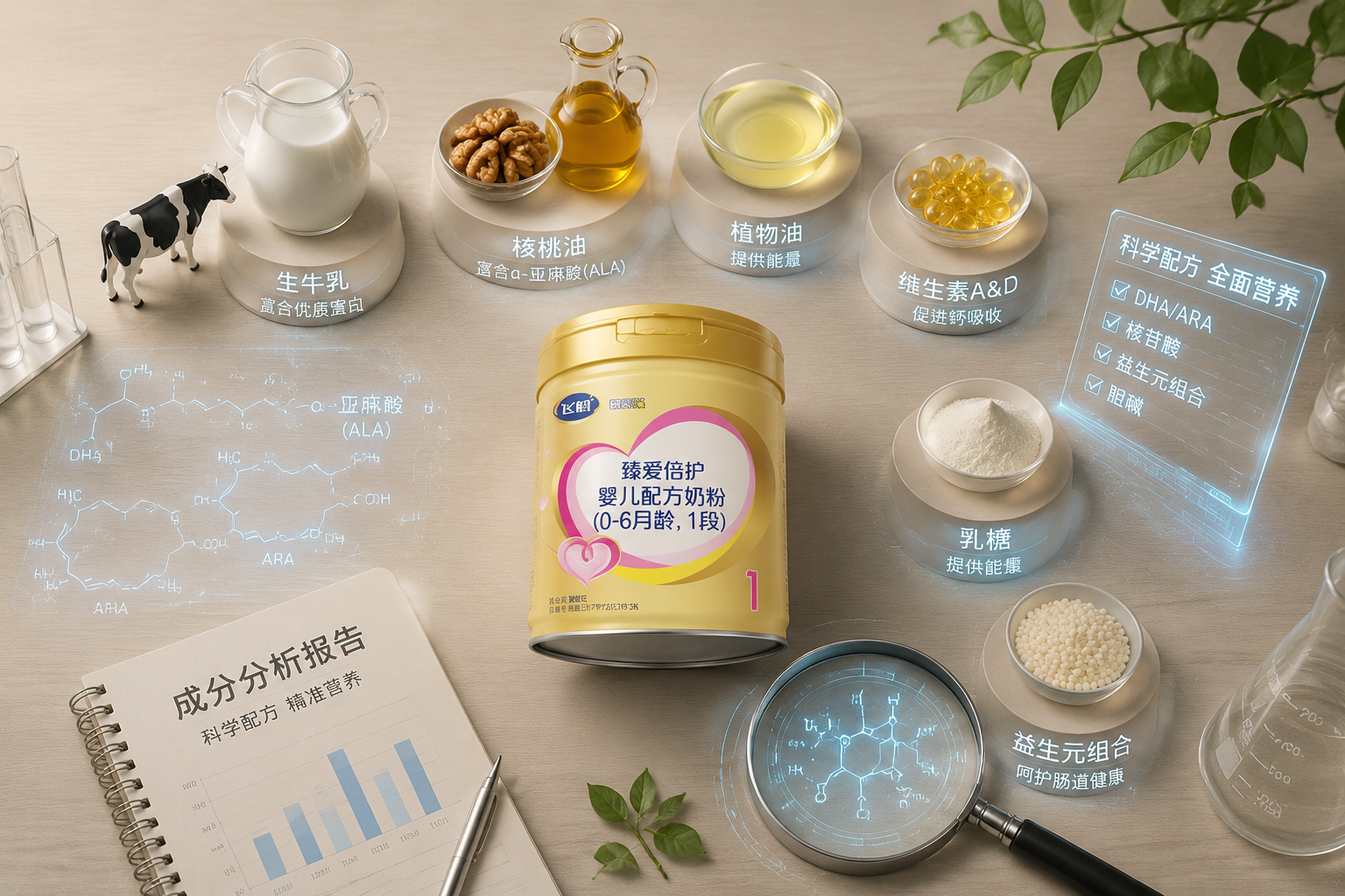 俯视视角的科学配料展示图，桌面上整齐排列着生牛乳、核桃油、植物油、维生素胶囊等原料的微缩模型，旁边配有放大镜和化学分子式全息投影，体现科学配方和严谨的成分分析，科技感与自然元素结合。