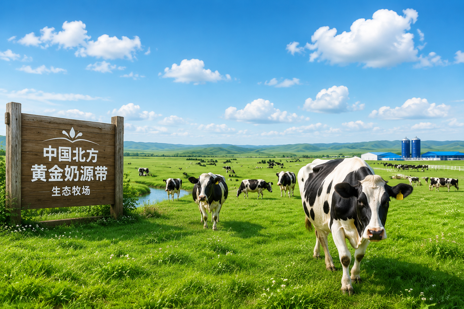 广阔的中国北方黄金奶源带生态牧场风景图，蓝天白云下，健康的奶牛在丰茂的草地上散步，画面清新自然，充满生机。