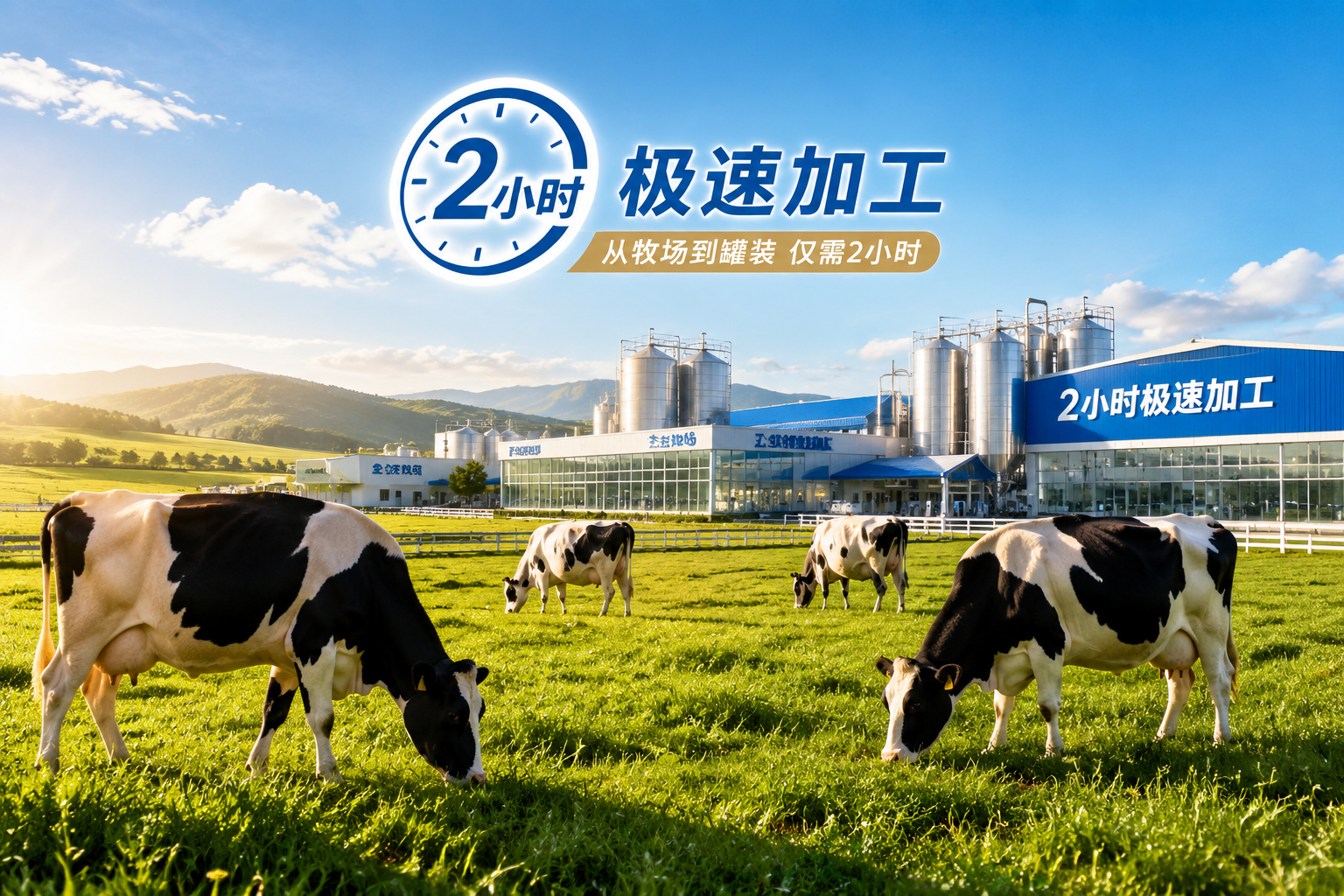 陽光明媚的黃金奶源帶大草原，幾頭黑白相間的健康荷斯坦奶牛在悠閑吃草，背景是現(xiàn)代化的生態(tài)牧場與擠奶加工車間，畫面清新自然，色調(diào)溫暖，強(qiáng)調(diào)天然原生態(tài)與“2小時極速加工”的科技感，高畫質(zhì)風(fēng)景攝影。
