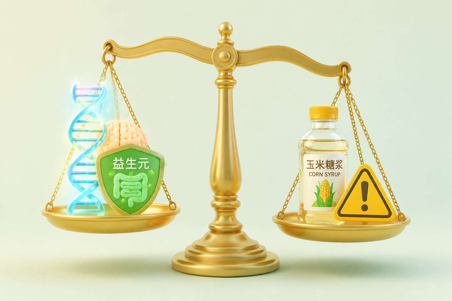 3D插画风格，一个精致的天平。左侧托盘上放着代表大脑发育的DNA螺旋发光体和肠道益生元盾牌（代表优点），右侧托盘上放着一根玉米糖浆的微缩模型并带有黄色的警示感叹号（代表扣分项）。背景纯净，色彩柔和。