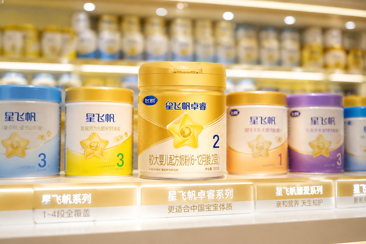 多个不同系列和段数的婴幼儿奶粉罐整齐排列在高端母婴店的展示架上，灯光聚焦在中心的星飞帆卓睿奶粉上，背景虚化，展现丰富的品牌产品线，商业产品摄影风格。