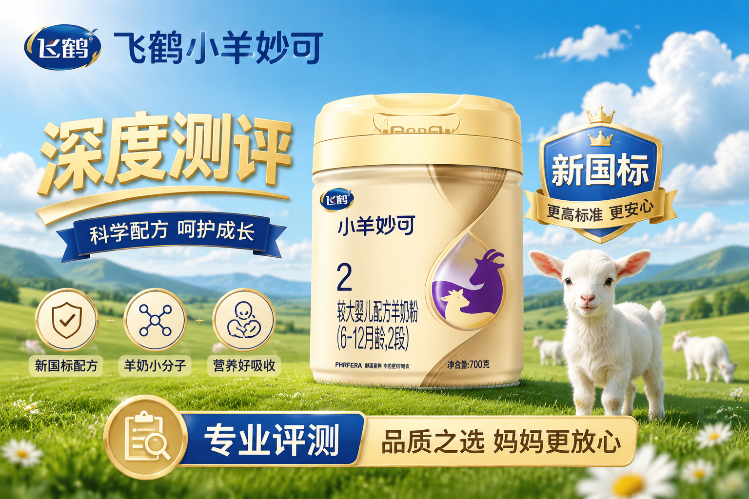 一张高端大气的母婴评测主图，画面中心是飞鹤小羊妙可羊奶粉的罐体，背景是蓝天白云和广阔的绿色草原，带有几只可爱的奶羊。画面色调明亮、温馨，带有“深度测评”、“新国标”、“飞鹤小羊妙可”等艺术字排版，整体风格专业且值得信赖。