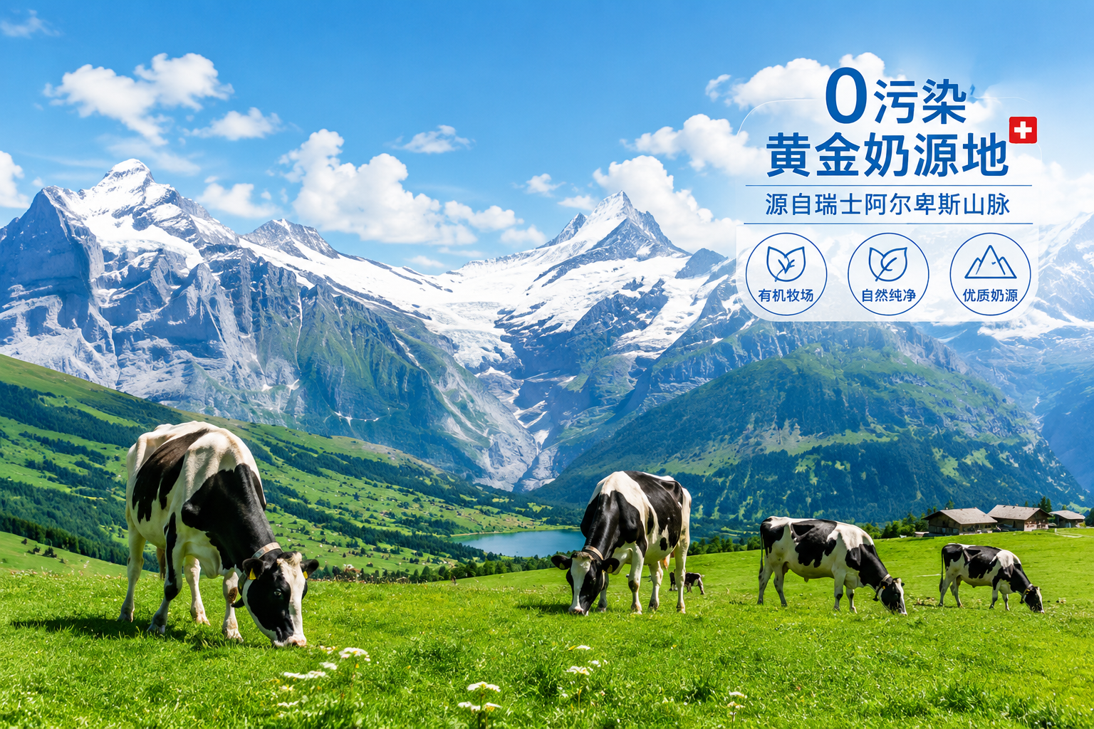 壮丽的瑞士阿尔卑斯山脉风景图，蓝天白云下是绿油油的有机牧场，几头健康的黑白花奶牛在悠闲吃草，远处是雪山，画面清新自然，展现0污染的黄金奶源地。