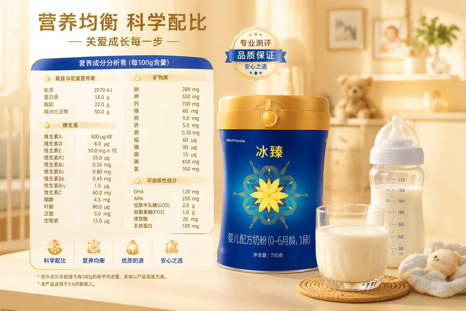 一张精美的营养成分分析图表概念图，旁边放着一杯冲泡好的牛奶和婴儿奶瓶，背景是温馨的母婴室，暖色调，高品质生活感，体现专业测评。