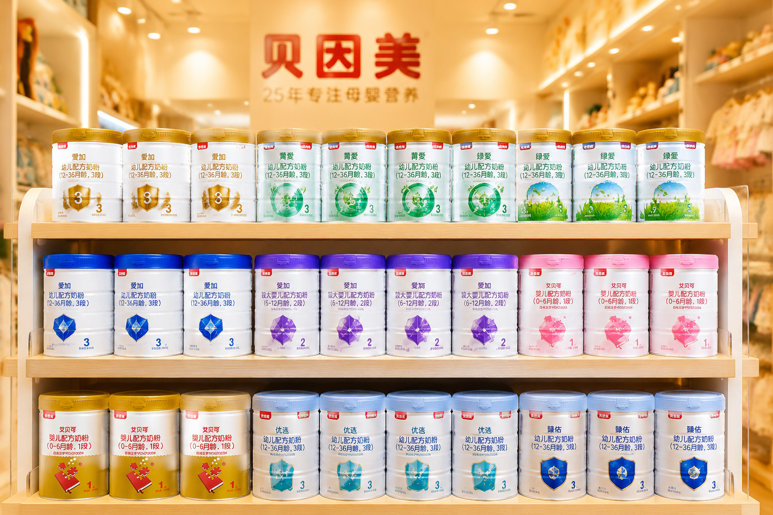 高端母婴店的货架，整齐排列着贝因美全系列婴儿奶粉（包括爱加、菁爱、绿爱等不同包装），背景适度虚化，明亮温馨的灯光，商业摄影风格，展现品牌矩阵。