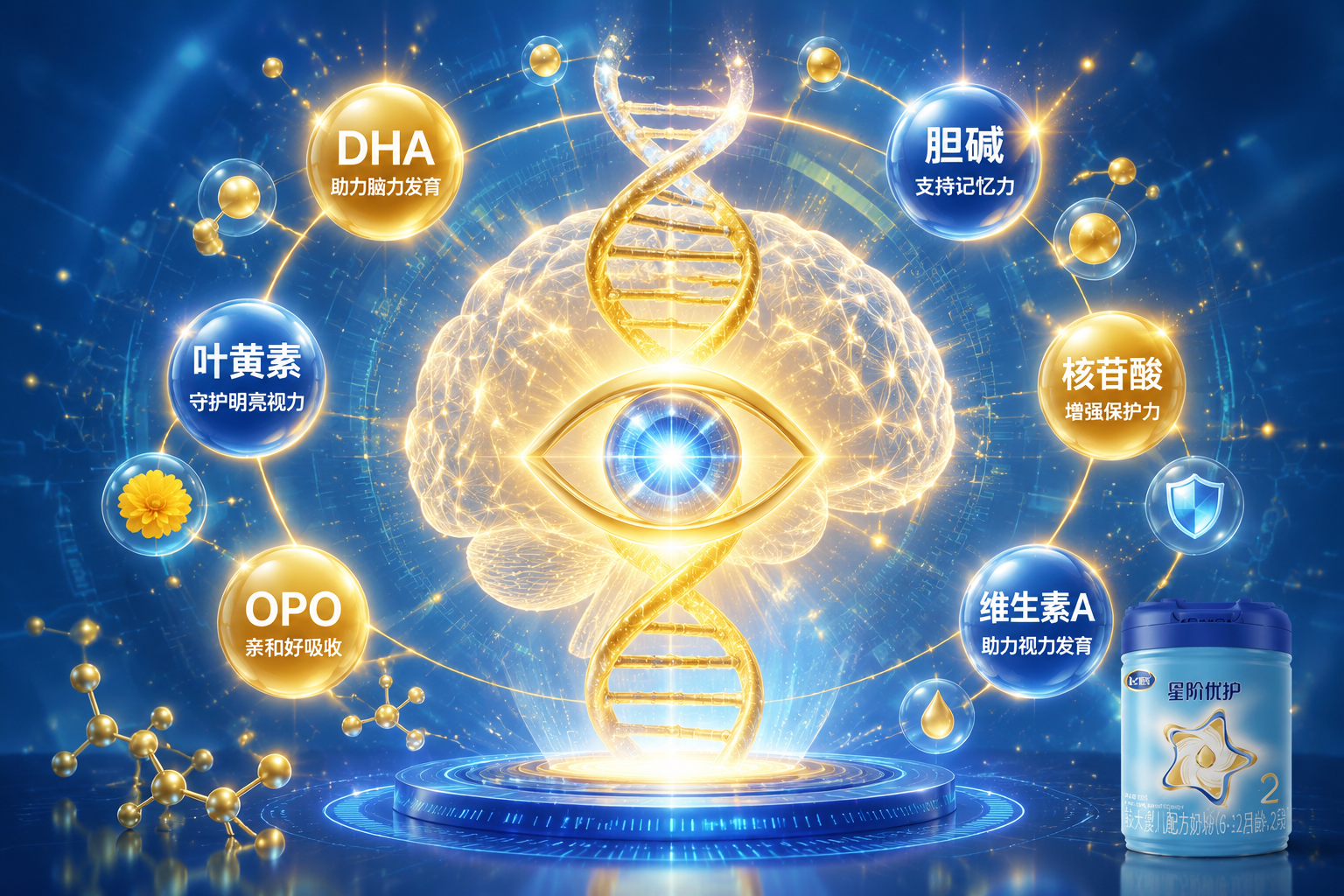 充满科技感与营养概念的插画，画面中心是发光的DNA双螺旋、大脑和眼睛的抽象图标，周围环绕着代表DHA、叶黄素、OPO等营养成分的发光小球，色彩以温暖的金色和科技蓝为主。