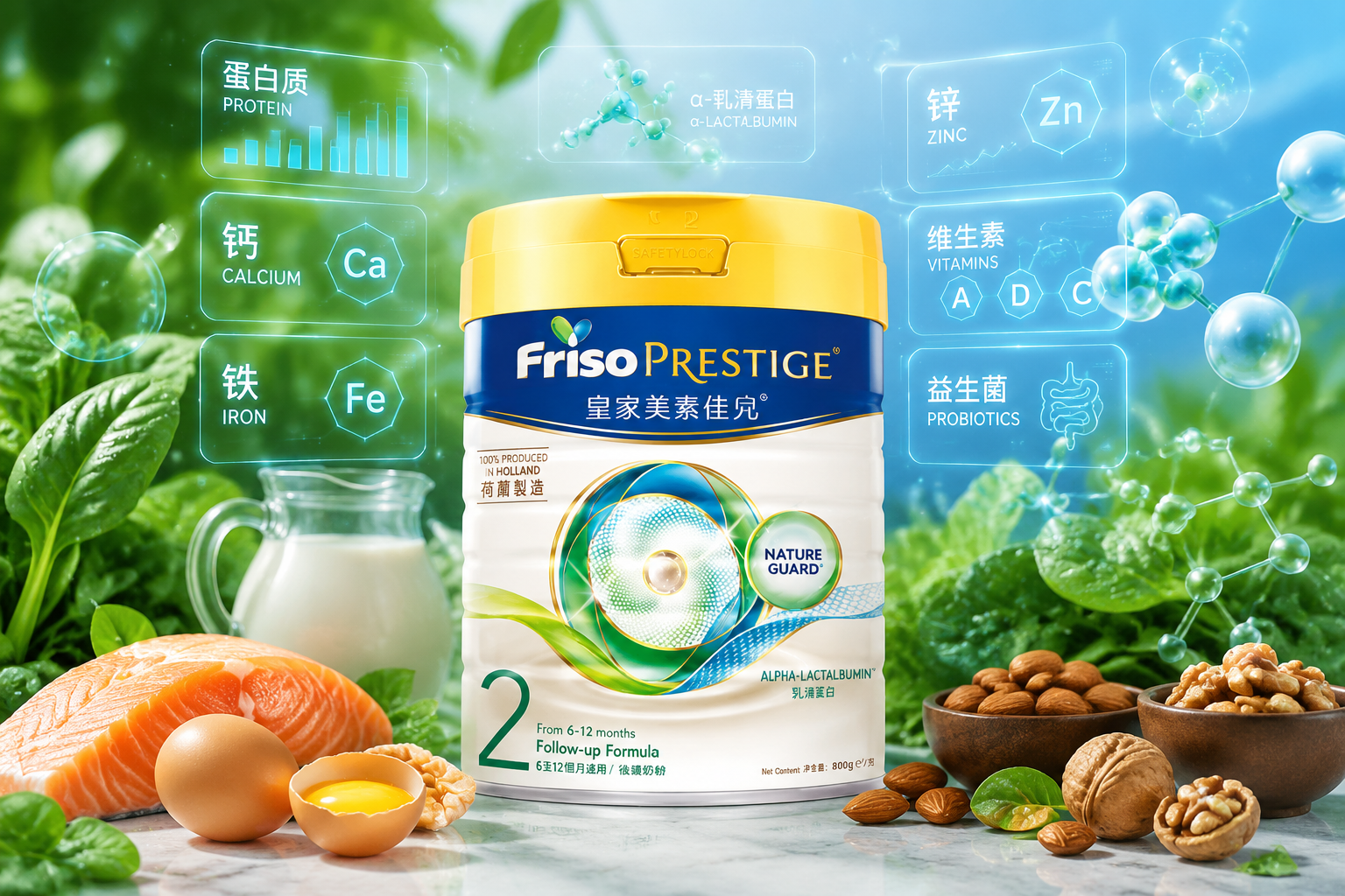 微觀科學(xué)視角。畫面主體是皇家美素佳兒奶粉產(chǎn)品，背景是各種豐富新鮮的食材（如菠菜、三文魚、堅果、雞蛋、鮮奶），空中浮現(xiàn)著精致的半透明數(shù)據(jù)表格特效，展示著蛋白質(zhì)、鈣、鐵、鋅、維生素等字樣。整體色調(diào)健康、清新、充滿生命力。