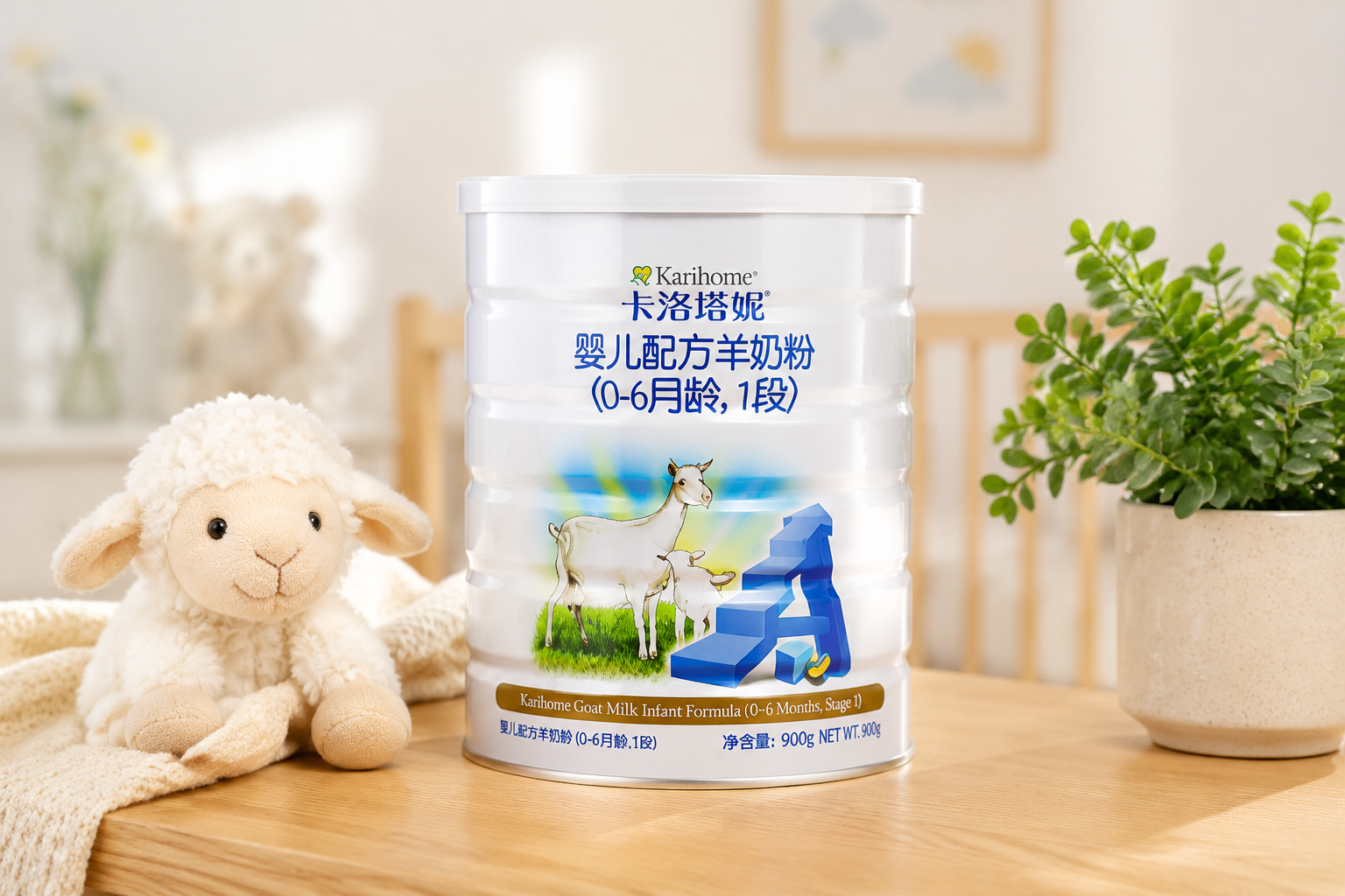 一罐卡洛塔妮羊奶粉1段（900g）放置在温馨的母婴房木桌上，旁边有可爱的羊毛绒玩具和绿植，光线柔和，专业产品摄影风格，高分辨率。