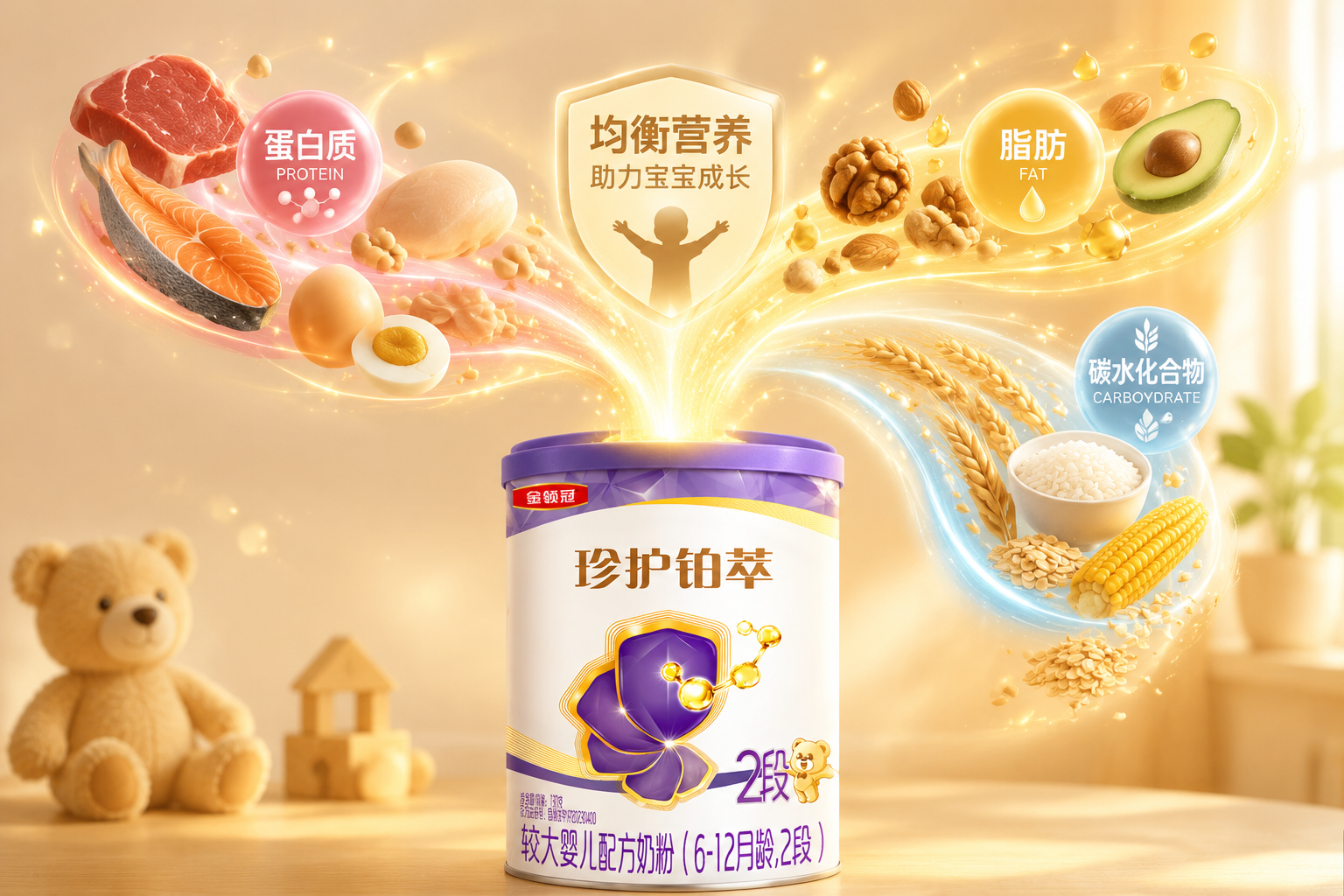 均衡營(yíng)養(yǎng)的概念圖，畫面中有代表蛋白質(zhì)、脂肪、碳水化合物的圖標(biāo)（如肉類、堅(jiān)果、谷物），它們匯聚成一股能量流注入奶粉罐中，色調(diào)溫暖健康。