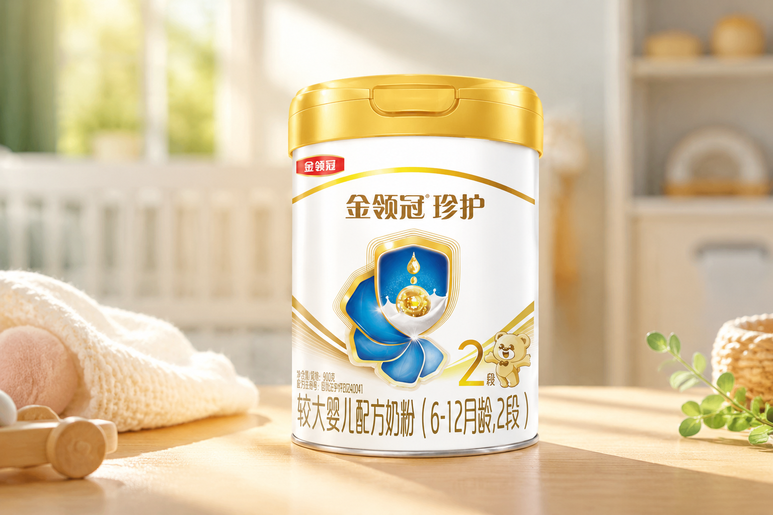 一罐伊利金领冠珍护奶粉2段，放置在明亮温馨的母婴室木质桌面上，旁边有几缕温暖的阳光透过窗户洒下，背景虚化，展现出高端、安全、纯净的质感，产品包装清晰可见，8k分辨率，逼真摄影。