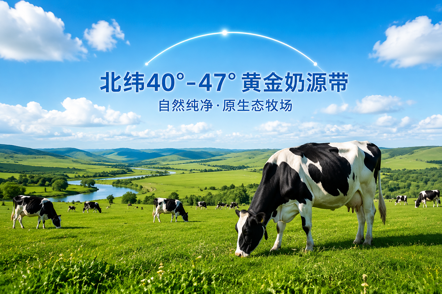 广阔的中国北方大草原，蓝天白云，健康的奶牛在吃草，阳光洒在草地上，画面清新自然，体现北纬40°-47°黄金奶源带的纯净与原生态，高质量商业摄影。