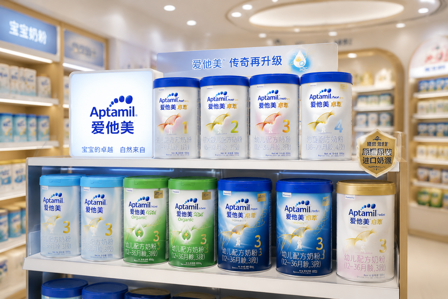 货架展示摄影，排列整齐的多款不同包装的爱他美奶粉（包括蓝罐、绿罐等不同系列），背景是高级的母婴专卖店，灯光明亮，景深效果，突出品牌的专业丰富产品线。