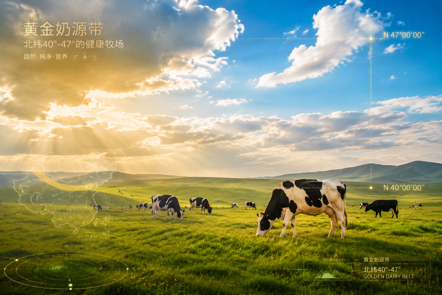 黃金奶源帶概念圖。北緯40°-47°的中國(guó)廣闊草原，藍(lán)天白云下，健康的奶牛在豐茂的草地上悠閑吃草。畫面帶有經(jīng)緯度坐標(biāo)的輕微科技感HUD投影，陽(yáng)光透過(guò)云層灑下“丁達(dá)爾效應(yīng)”的黃金光澤，展現(xiàn)奶源地自然、純凈的特質(zhì)。攝影級(jí)別，風(fēng)景大片，超高清晰度。
