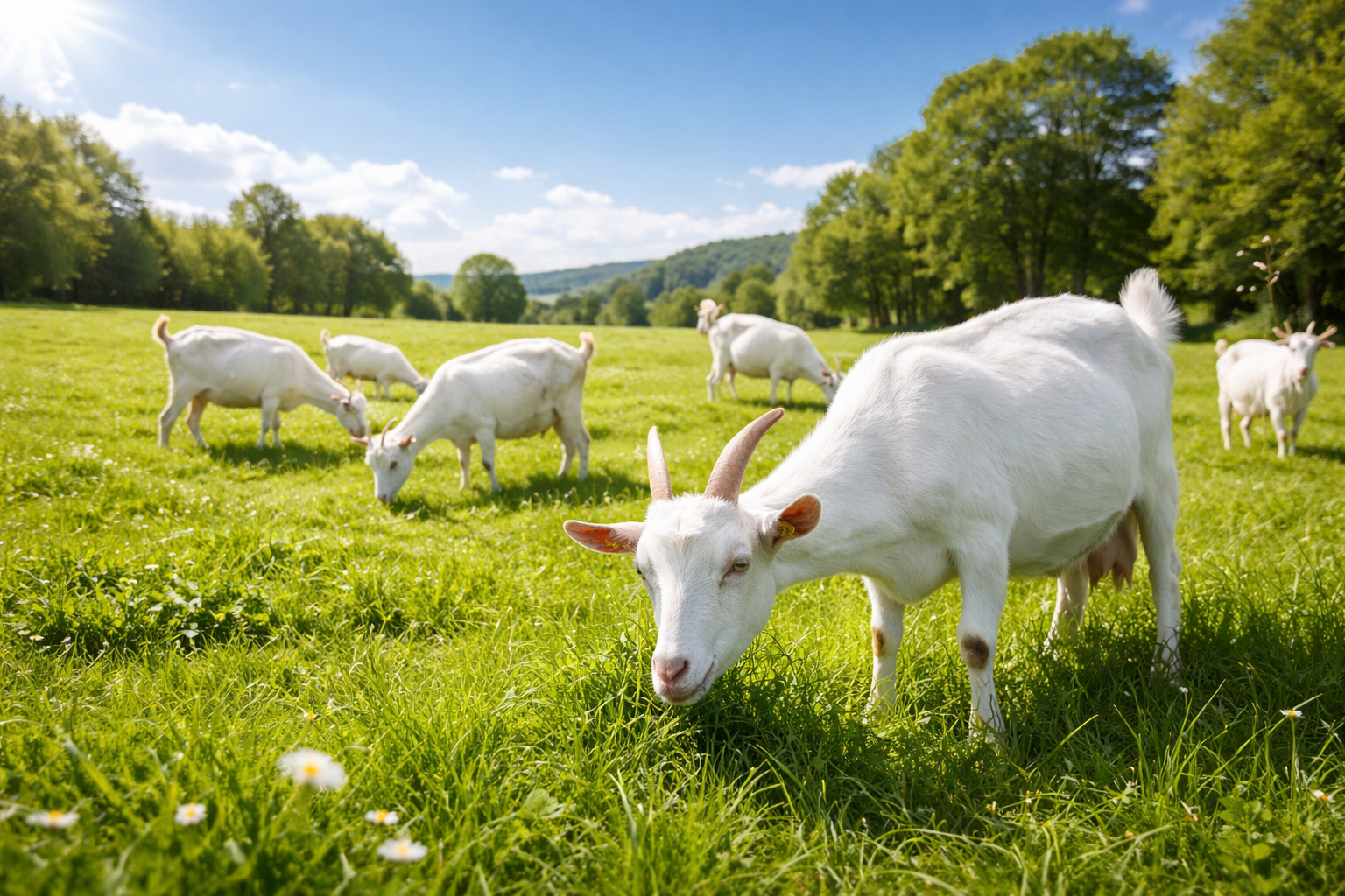 A serene pasture with healthy white dairy goats grazing on lush green grass, blue sky, bright sunlight, photorealistic, nature photography, fresh milk concept.
