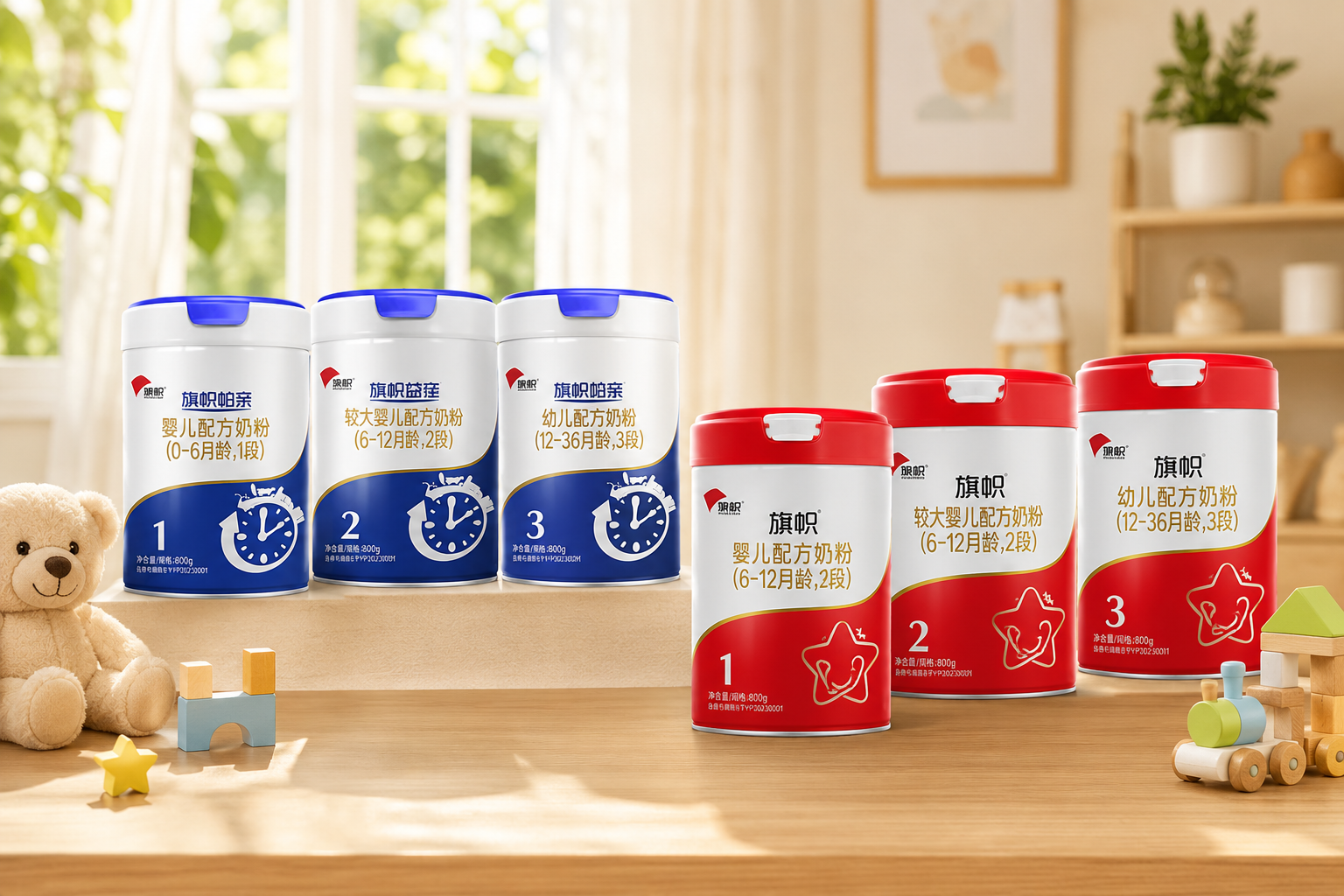 温馨家庭场景，木质桌面上摆放着旗帜品牌不同段数（1段、2段、3段）和不同系列（帜亲、红罐）的奶粉罐，背景是柔和的阳光透过窗户洒进来，旁边有可爱的婴儿玩具，展现品牌家族的丰富产品线。
