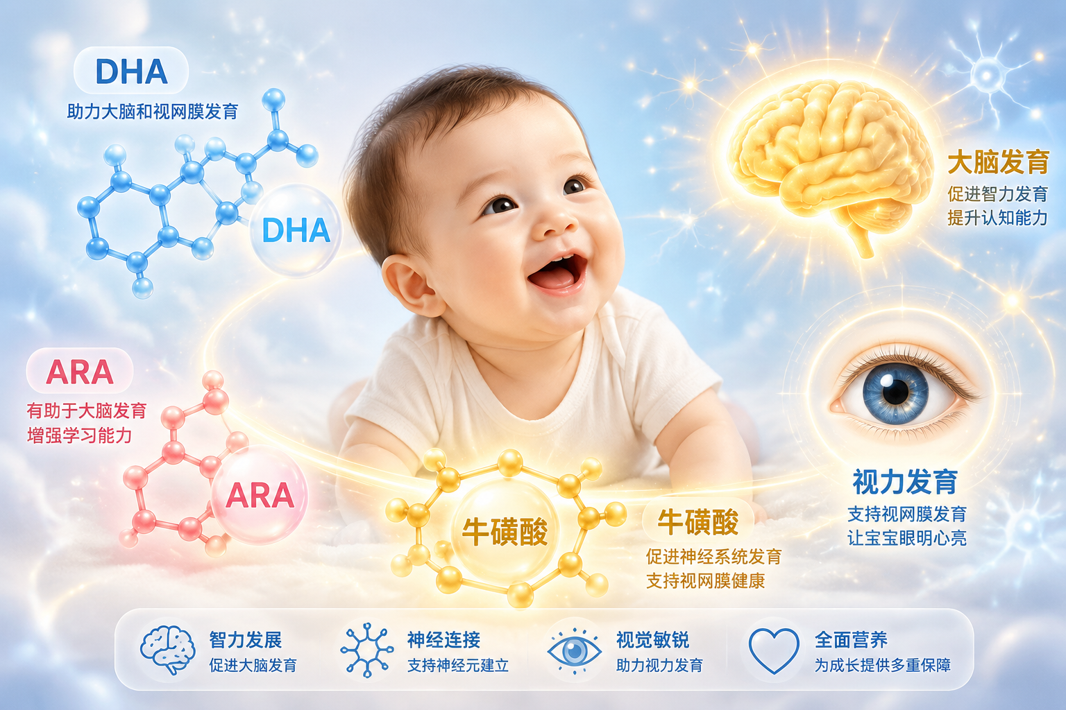 一张展示婴儿大脑和视力发育概念的插画。画面中一个可爱健康的婴儿正在开心地笑，周围环绕着象征DHA、ARA和牛磺酸的分子结构图形，以及代表眼明心亮的眼睛和发光的大脑小图标，画风温馨且具有专业科普感。