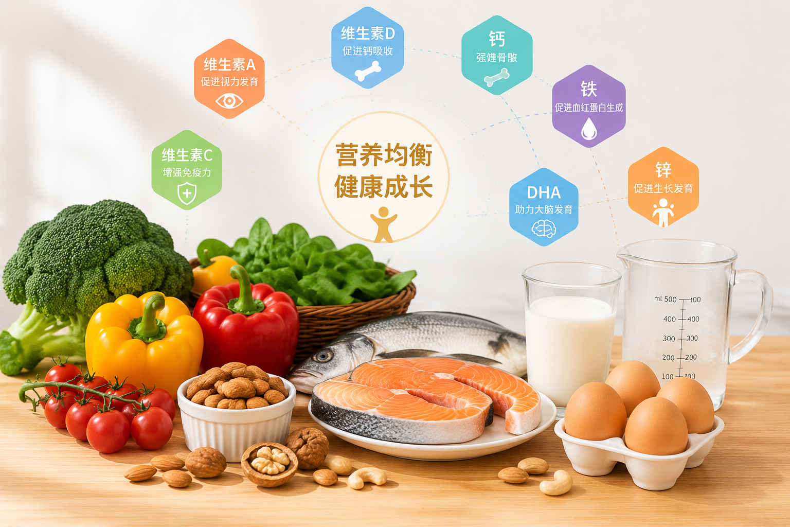 一张信息图表风格的静物摄影,木质桌面上摆放着新鲜的蔬菜、坚果、深海鱼、鸡蛋和一杯牛奶,旁边放着一个带刻度的科学量杯,光线明亮清晰,展现丰富的维生素和矿物质来源。