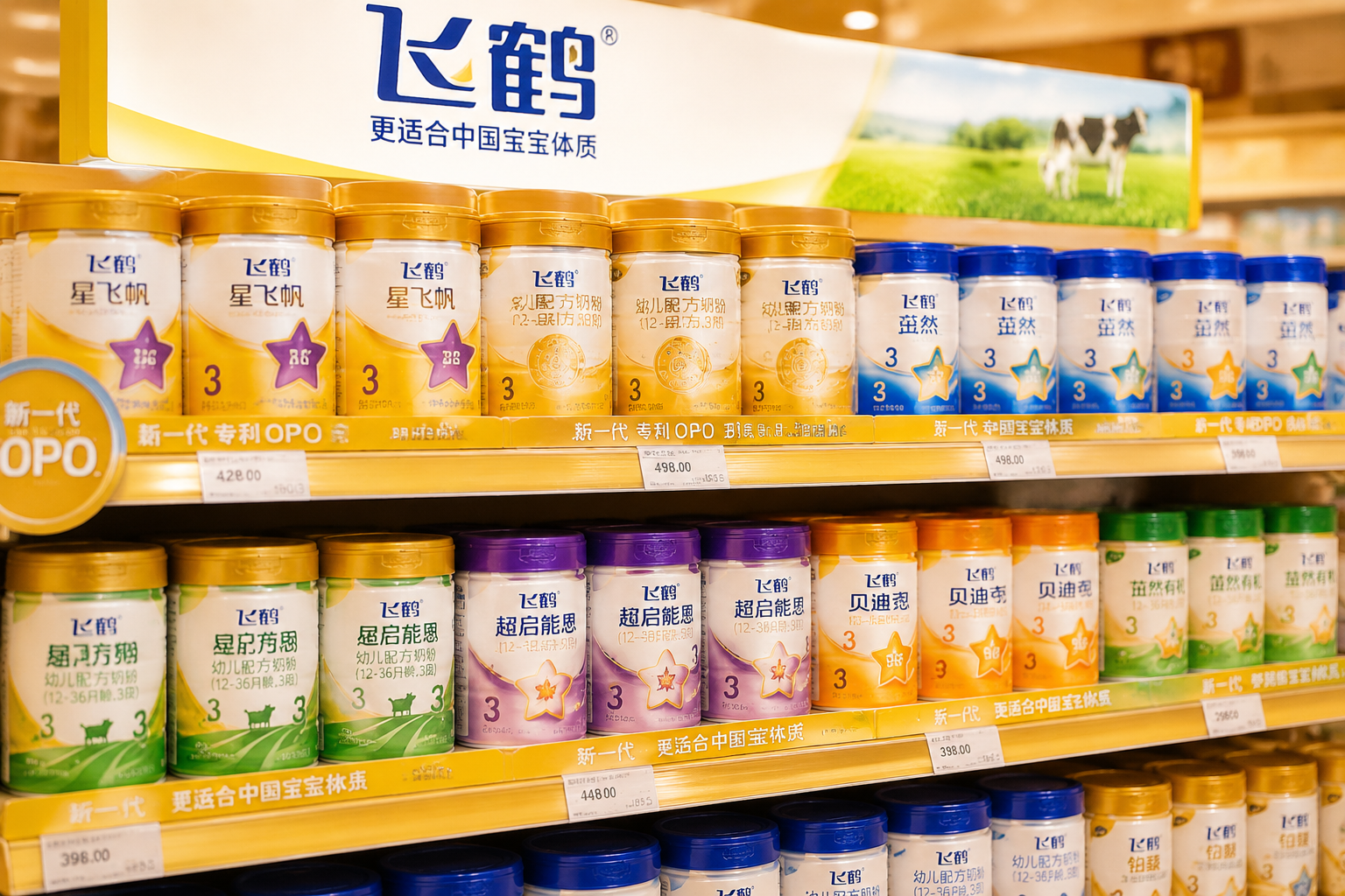 货架上整齐排列的飞鹤品牌各个系列奶粉，包括星飞帆、臻稚等，景深效果，突出飞鹤品牌的丰富产品线，超市购物环境，明亮温馨。