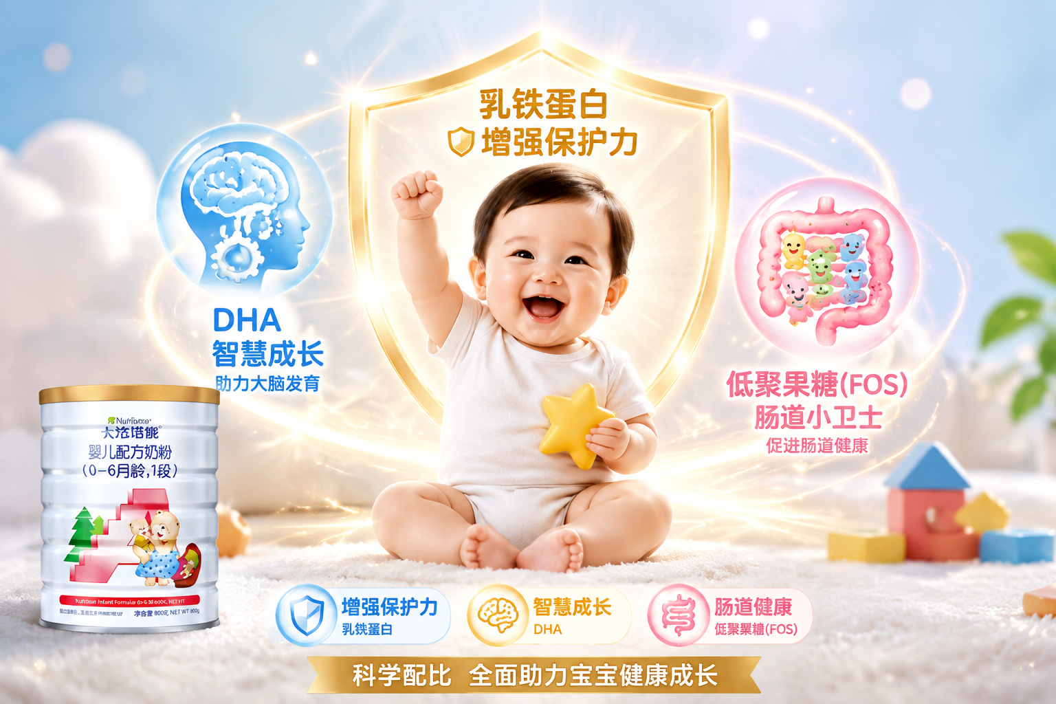 展现宝宝健康发育的插画。画面中心是一个健康快乐的婴儿，周围环绕着发光的盾牌（代表乳铁蛋白和免疫力）、大脑齿轮（代表DHA智力发育）和肠道益生菌图标（代表低聚果糖），突出产品的核心配方优势。
