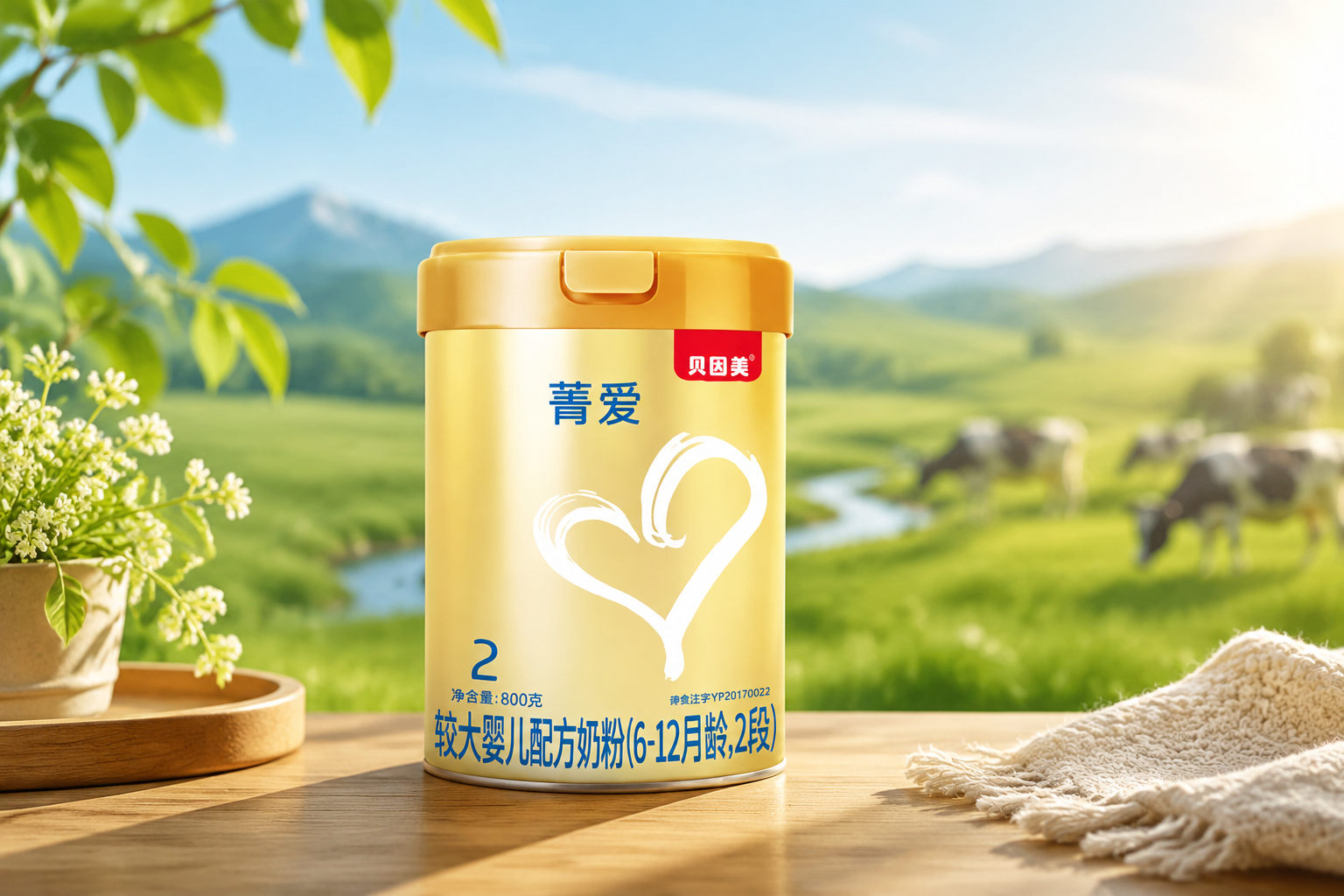 一罐贝因美菁爱奶粉2段放在温馨的木质桌面上，旁边有绿植和阳光洒下，背景是模糊的中国黄金奶源带草原风景，专业摄影，高清晰度，明亮柔和的色调，商业广告风格。