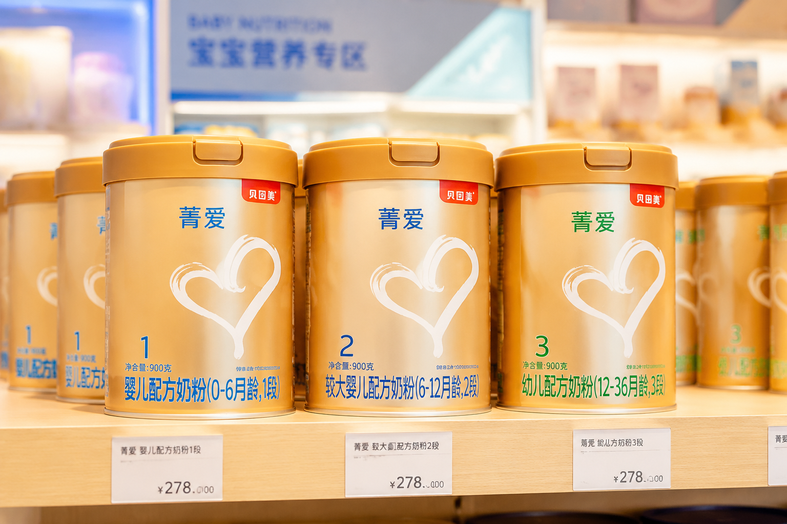 货架上整齐排列的各阶段婴儿奶粉罐，涵盖1段、2段、3段，背景虚化，灯光柔和，体现丰富的产品线和专业的母婴店氛围，高品质商业摄影。