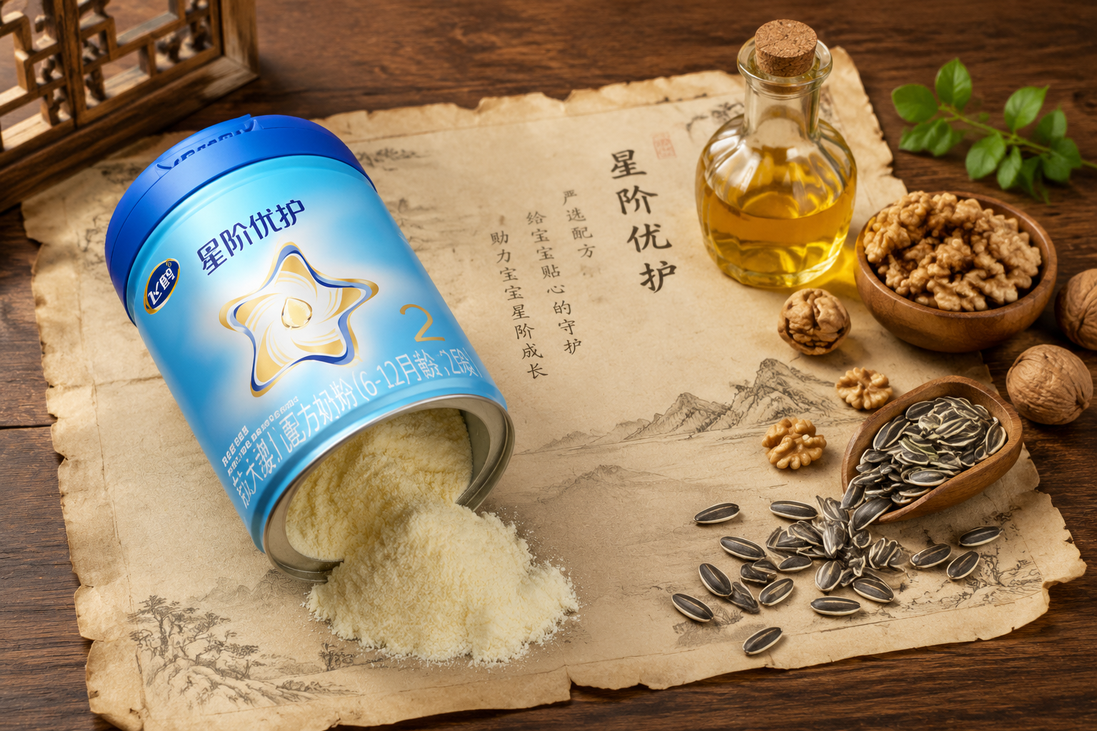 干净的木质桌面上铺开一张古风羊皮纸，上面放着一罐倒出少许的奶粉，旁边散落着核桃、葵花籽和植物油的玻璃小瓶，展现配料的丰富与透明。
