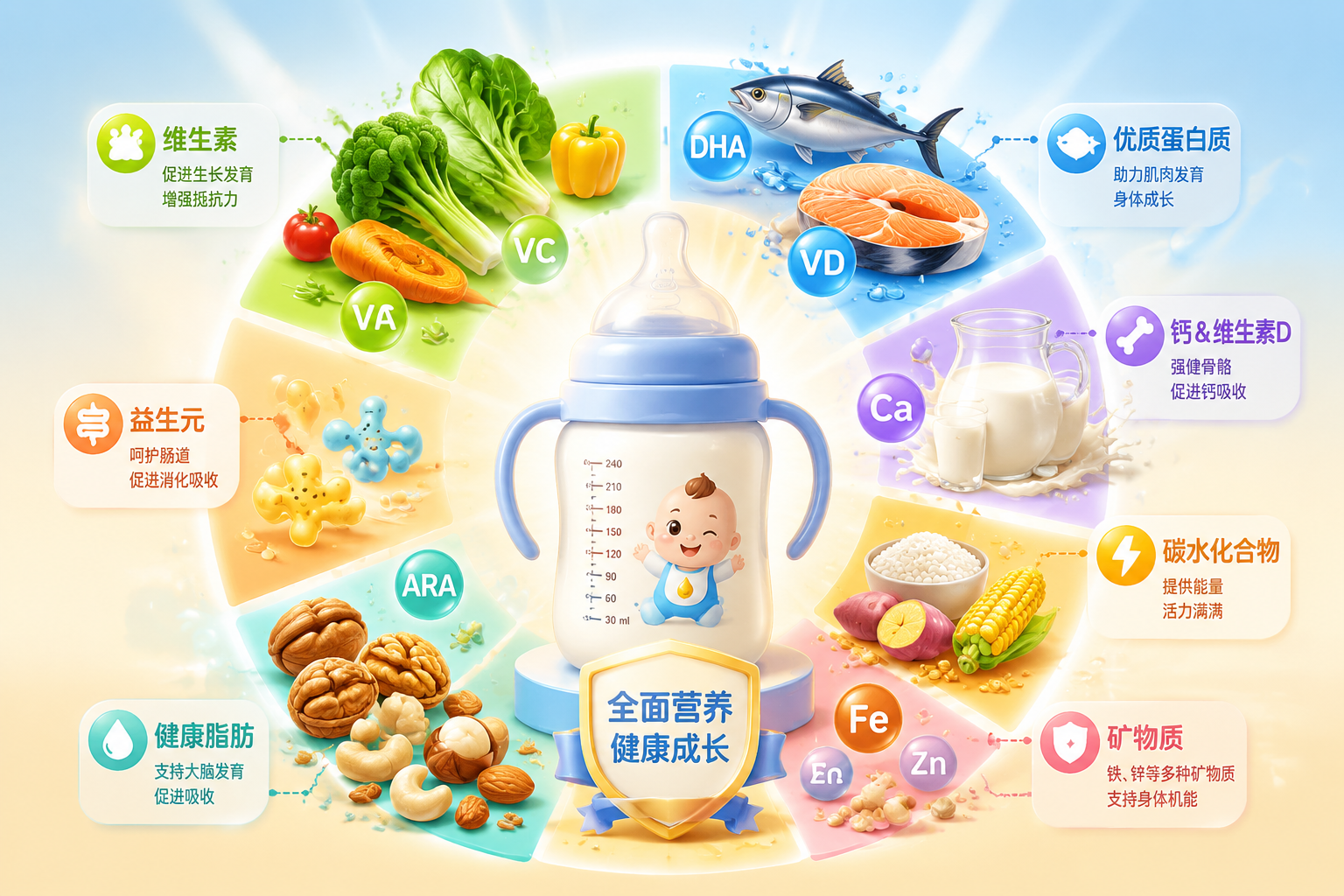 丰富的营养元素插画，包含微缩的蔬菜、深海鱼、坚果、牛奶等食材，以信息图表的形式环绕着一个可爱的婴儿奶瓶，色彩丰富明亮，展现营养的全面性。