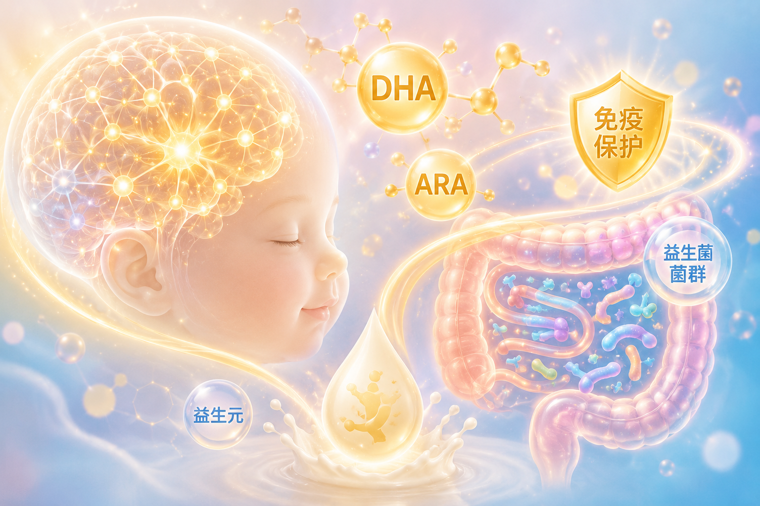 抽象的婴儿大脑神经元发育和肠道益生菌群的插画，画面中漂浮着发光的DHA分子、ARA分子和盾牌形状的免疫图标，色彩采用温暖的金色和柔和的粉蓝色交织，象征着配方奶粉对宝宝智力和肠道健康的双重呵护，唯美、细腻。