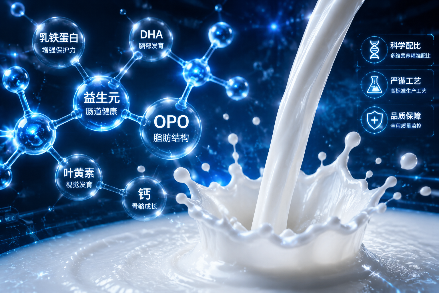 显微镜下的营养分子结构发光图，结合新鲜纯白牛奶倾倒飞溅的瞬间，背景为深蓝色科技感，突出配方奶粉的科学配比与严谨工艺，微距摄影，高清晰度。