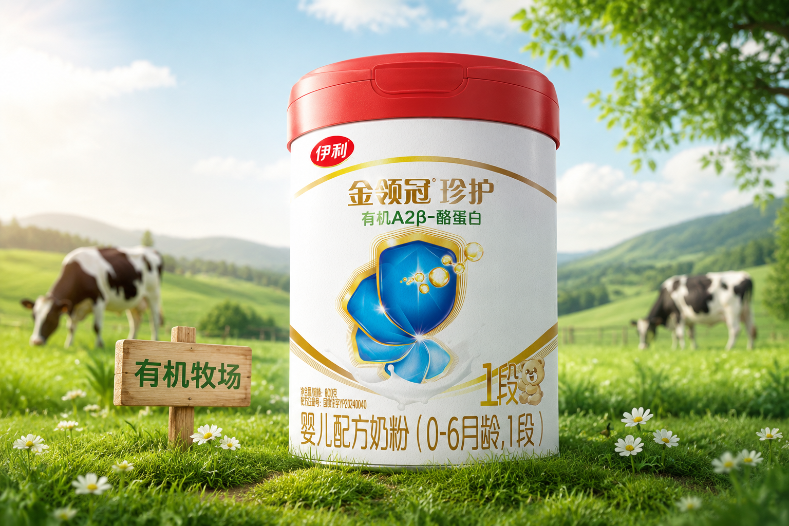 一罐伊利金领冠珍护有机A2β-酪蛋白婴儿配方奶粉的专业产品摄影，放置在充满生机的绿色有机牧场背景中，阳光柔和，画面清新自然，展现出高端、纯净、安全的产品调性，8k分辨率，超高细节。