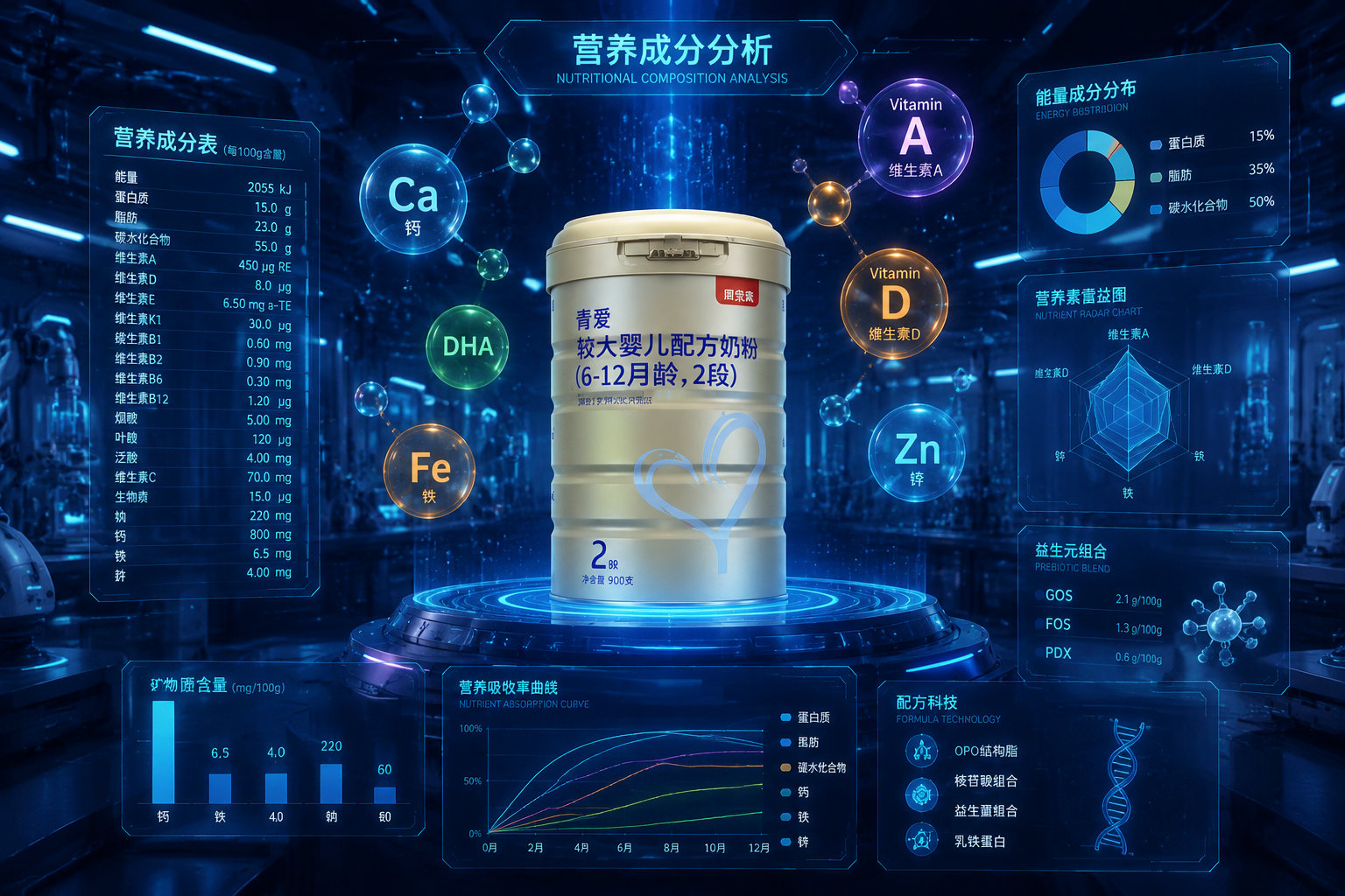 充滿科技感的全息營養(yǎng)成分?jǐn)?shù)據(jù)面板，漂浮在空中的維生素、礦物質(zhì)圖標(biāo)和數(shù)據(jù)圖表，背景是深藍(lán)色調(diào)的高科技實驗室，8k分辨率，賽博朋克與醫(yī)療科技結(jié)合的風(fēng)格