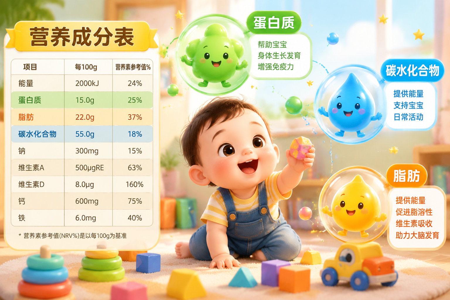 营养成分表概念图，一个可爱的婴儿在快乐地玩耍，周围漂浮着代表蛋白质、碳水化合物和脂肪的可爱卡通图标，画面明亮，色彩丰富，充满活力。