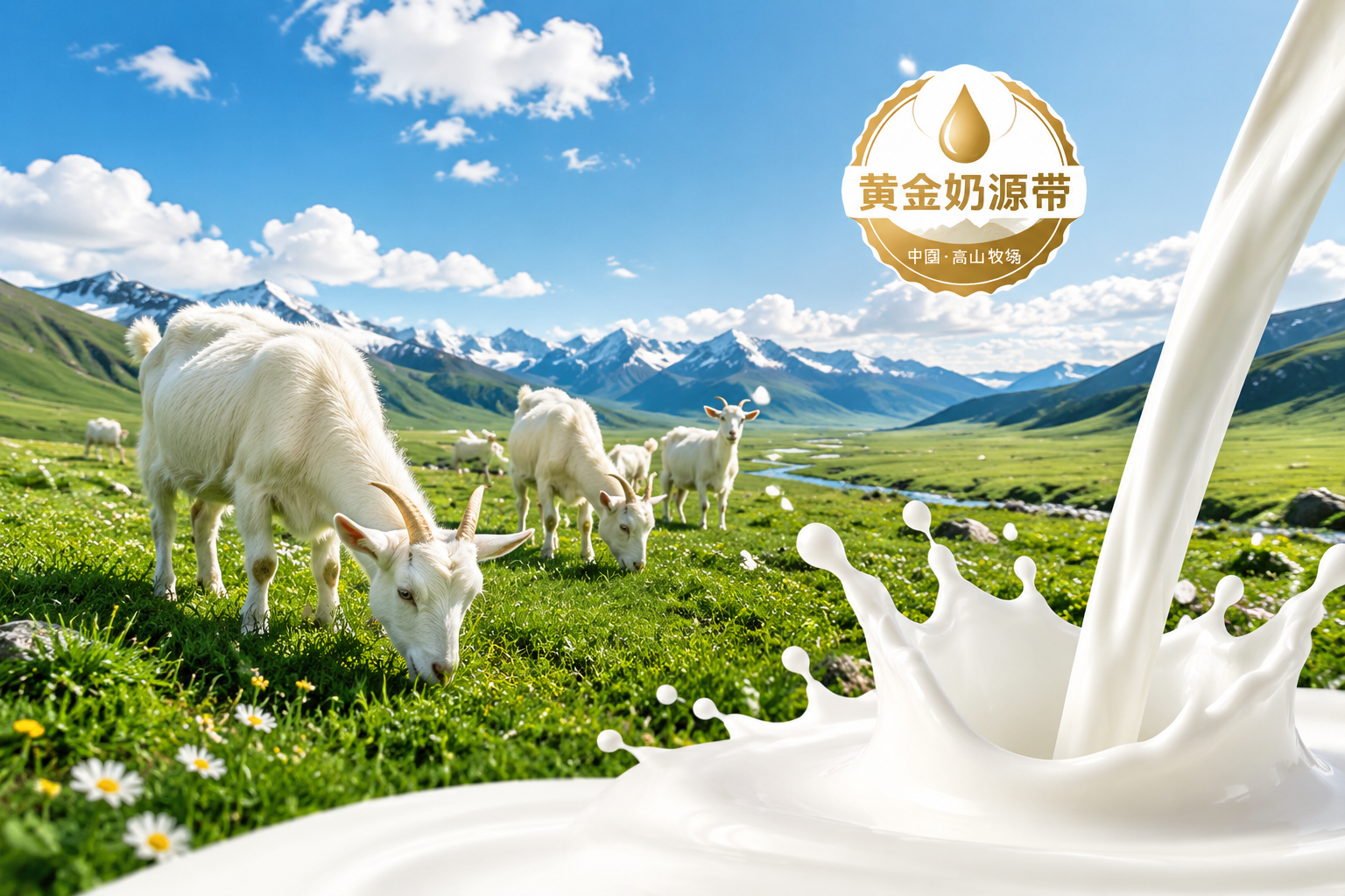 广阔美丽的中国高山草甸牧场，蓝天白云，阳光明媚，几只健康的奶山羊在吃草，画面纯净自然，体现黄金奶源带的生态环境，旁边有新鲜羊奶飞溅的特写，清新色调。