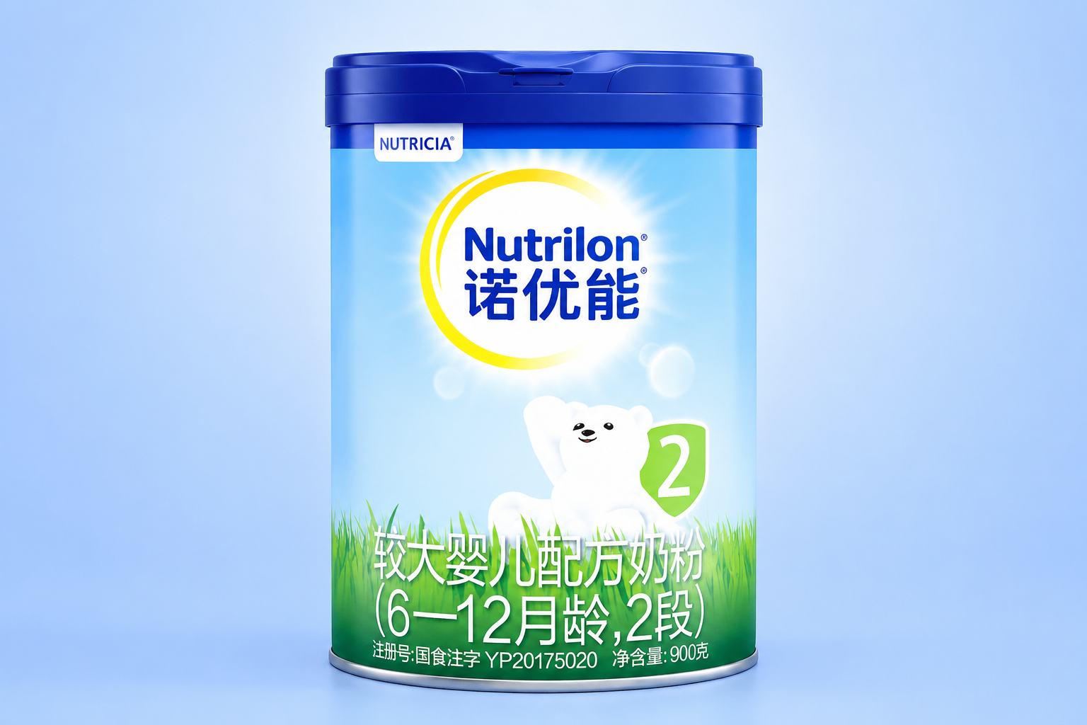 一罐蓝色的诺优能婴儿配方奶粉，高品质的商业摄影，纯色背景，正面打光，展现出高级质感，清晰的罐身细节，专业母婴产品摄影风格。