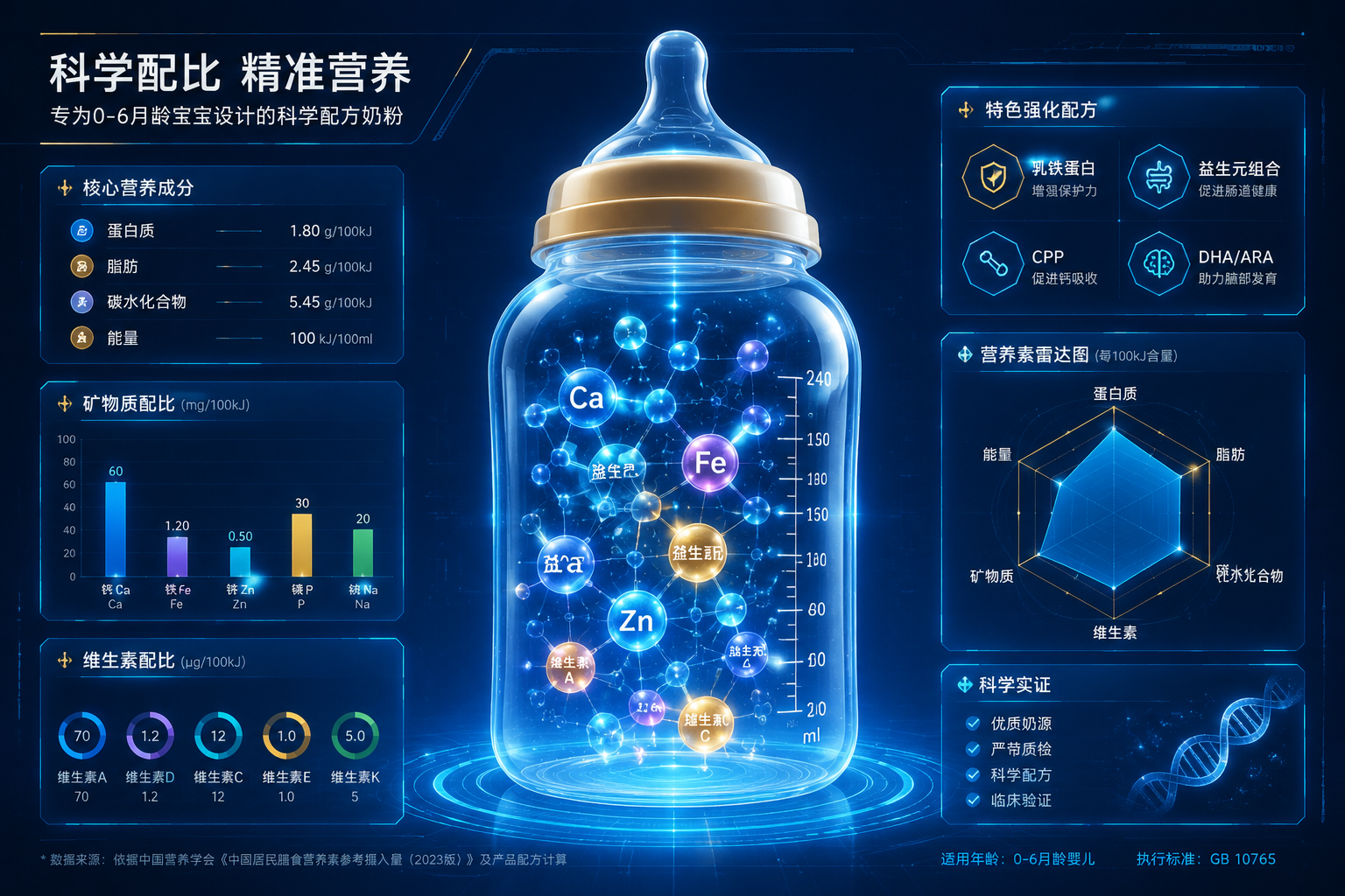 科学数据可视化风格的图像，一个透明的奶瓶中漂浮着发光的化学分子式（代表蛋白质、钙、铁、锌、维生素等），背景是深蓝色的高科技数据面板，展现奶粉精准的营养配比，极具专业感。