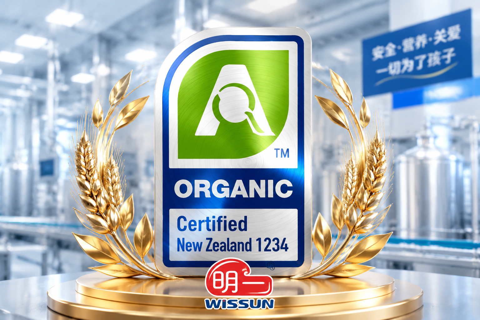 质感高级的AsureQuality认证标志特写，周围环绕着象征荣誉的金色麦穗和明一品牌的标志，背景为虚化的现代化无菌生产车间，彰显品牌的安全与可靠。
