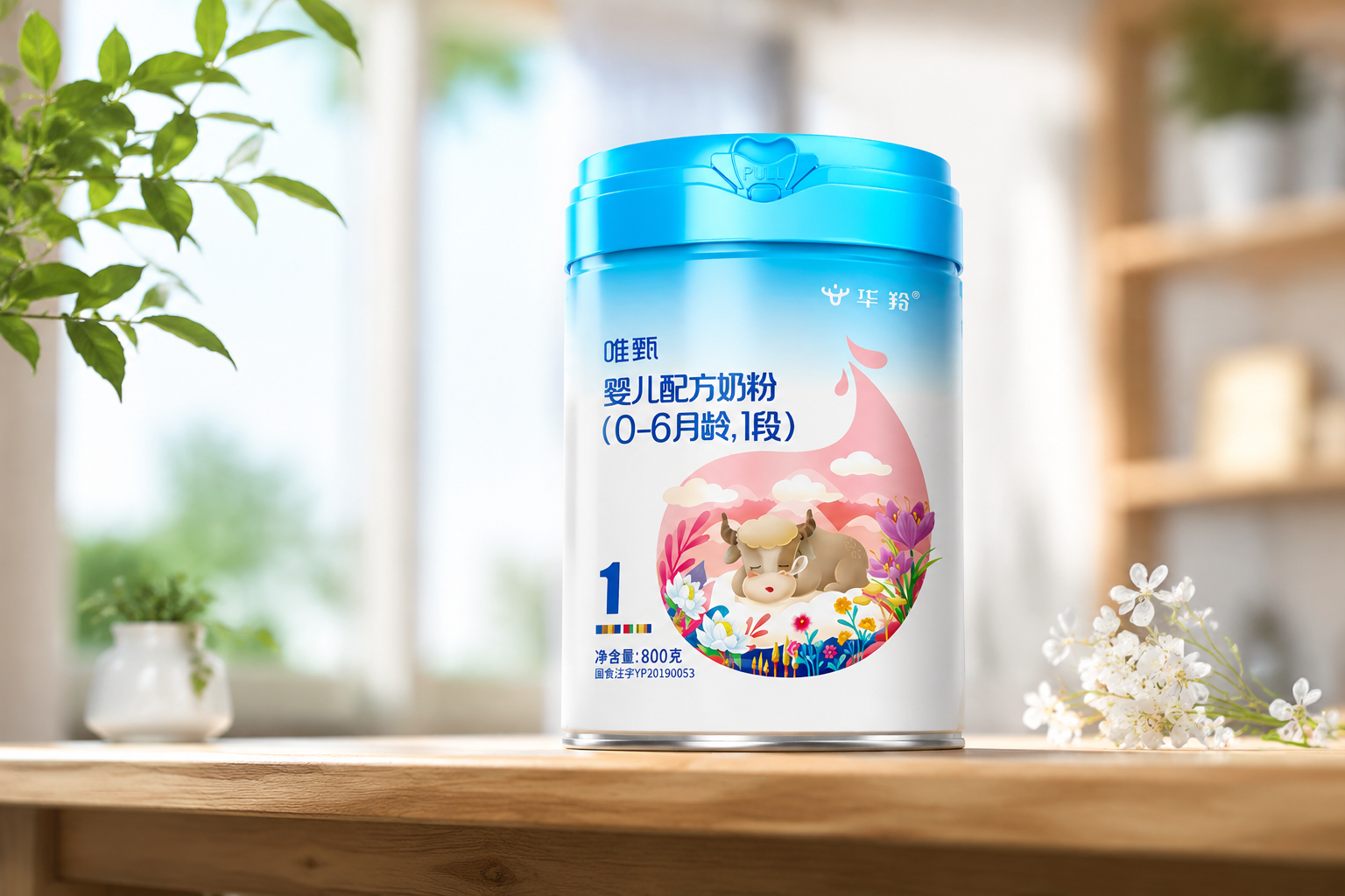 一罐华羚唯甄奶粉1段的高清产品图，放置在充满自然光线的木质桌面上，旁边有绿植点缀，背景虚化，体现专业、高端的母婴产品测评氛围，摄影棚光线，8k分辨率。