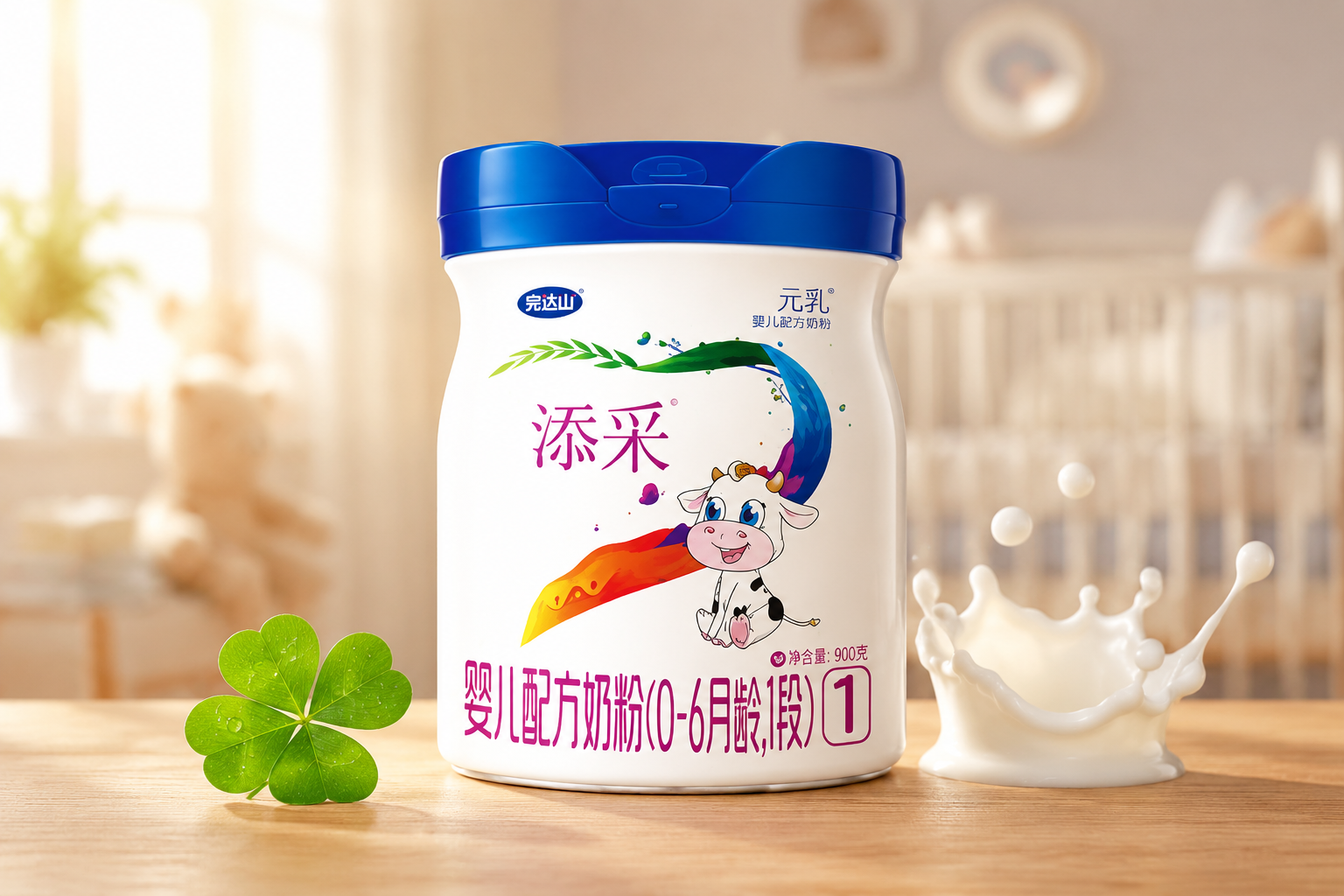 一罐包装精美的完达山添采婴儿奶粉，放置在温馨的木质桌面上，旁边有几滴飞溅的新鲜牛奶和一株绿色的四叶草，背景是柔和的阳光和虚化的婴儿房，高端商业摄影，8k分辨率，逼真光影。