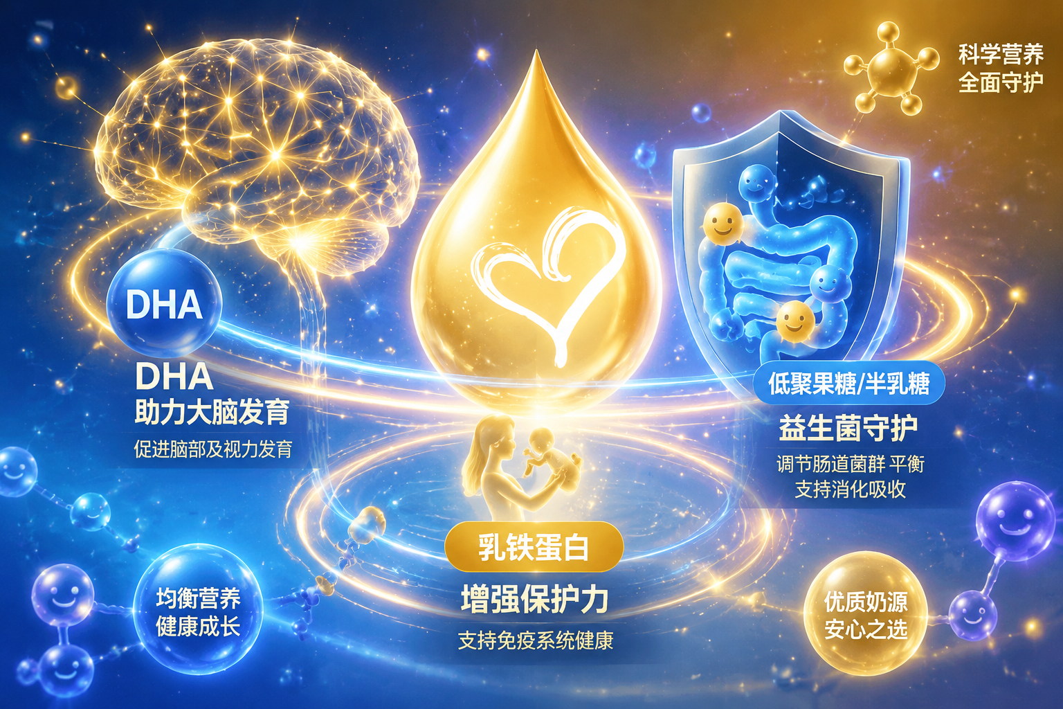 抽象的科学营养插画，画面包含代表大脑发育的神经元发光线条（DHA）、代表肠道健康的益生菌盾牌（低聚果糖/半乳糖）以及代表免疫力的发光光环（乳铁蛋白），色彩丰富且充满科技感。