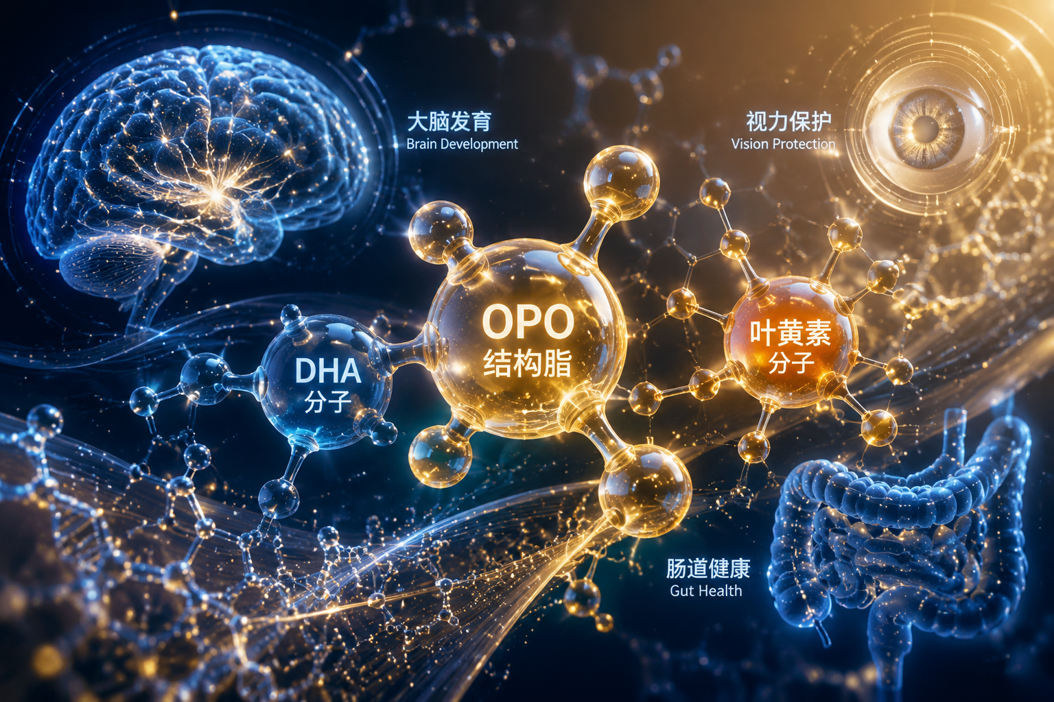 充满科技感与医学感的微观世界，发光的OPO结构脂分子、DHA分子和叶黄素分子在画面中悬浮交织，背景为深蓝色与金色的渐变，代表着大脑发育、肠道健康与视力保护，三维CGI渲染，极具科技含量。